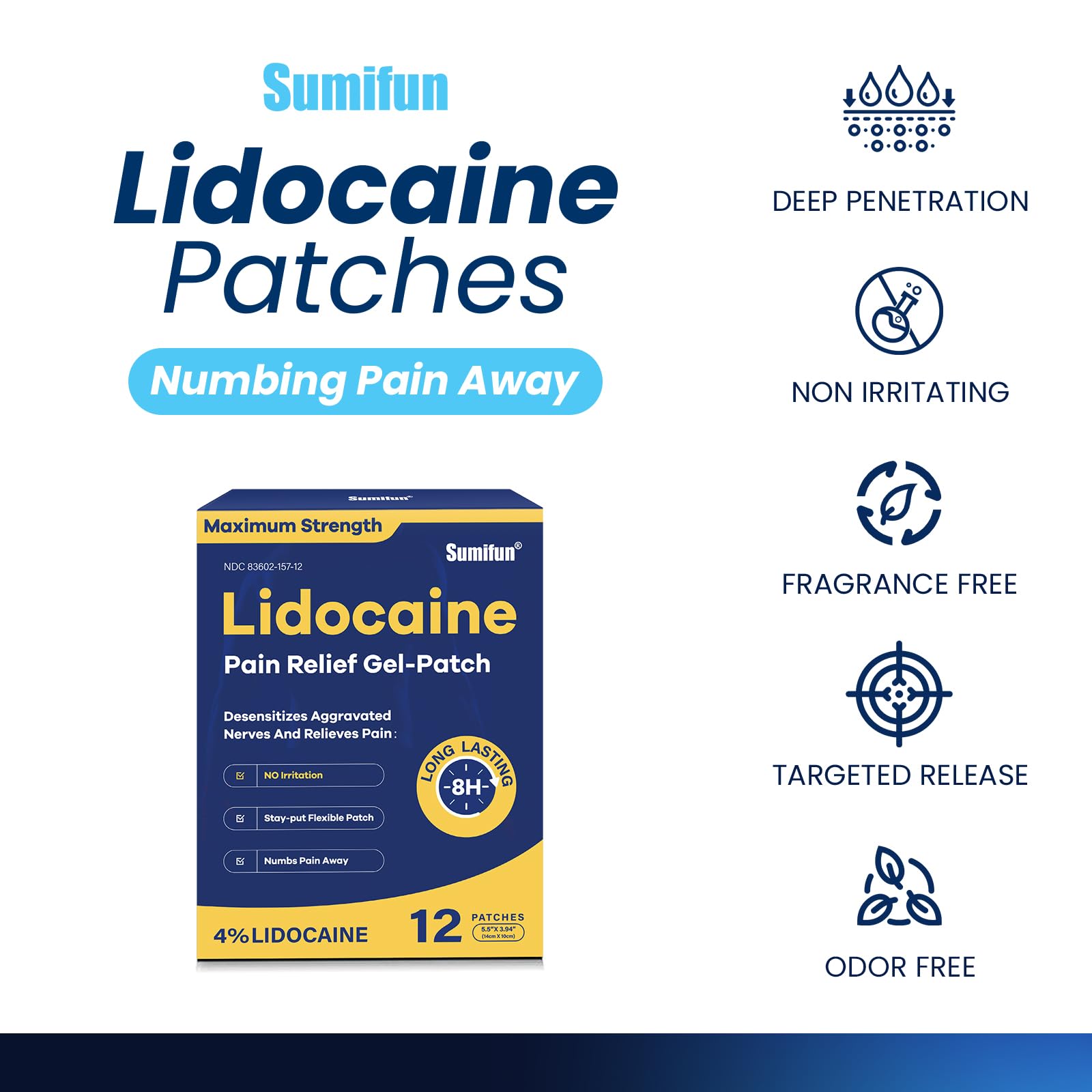 Sumifun 4% Lidocaine Patches Maximum Strength - 12 Count Pain Relieving Gel Patch for Muscle Soreness, Back Ache, Knee, Neck & Joint Pains - Topical Analgesic (Large, Count, 12) - TrustMedUSA