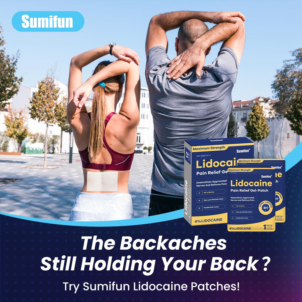 Sumifun 4% Lidocaine Patches Maximum Strength - 12 Count Pain Relieving Gel Patch for Muscle Soreness, Back Ache, Knee, Neck & Joint Pains - Topical Analgesic (Large, Count, 12) - TrustMedUSA