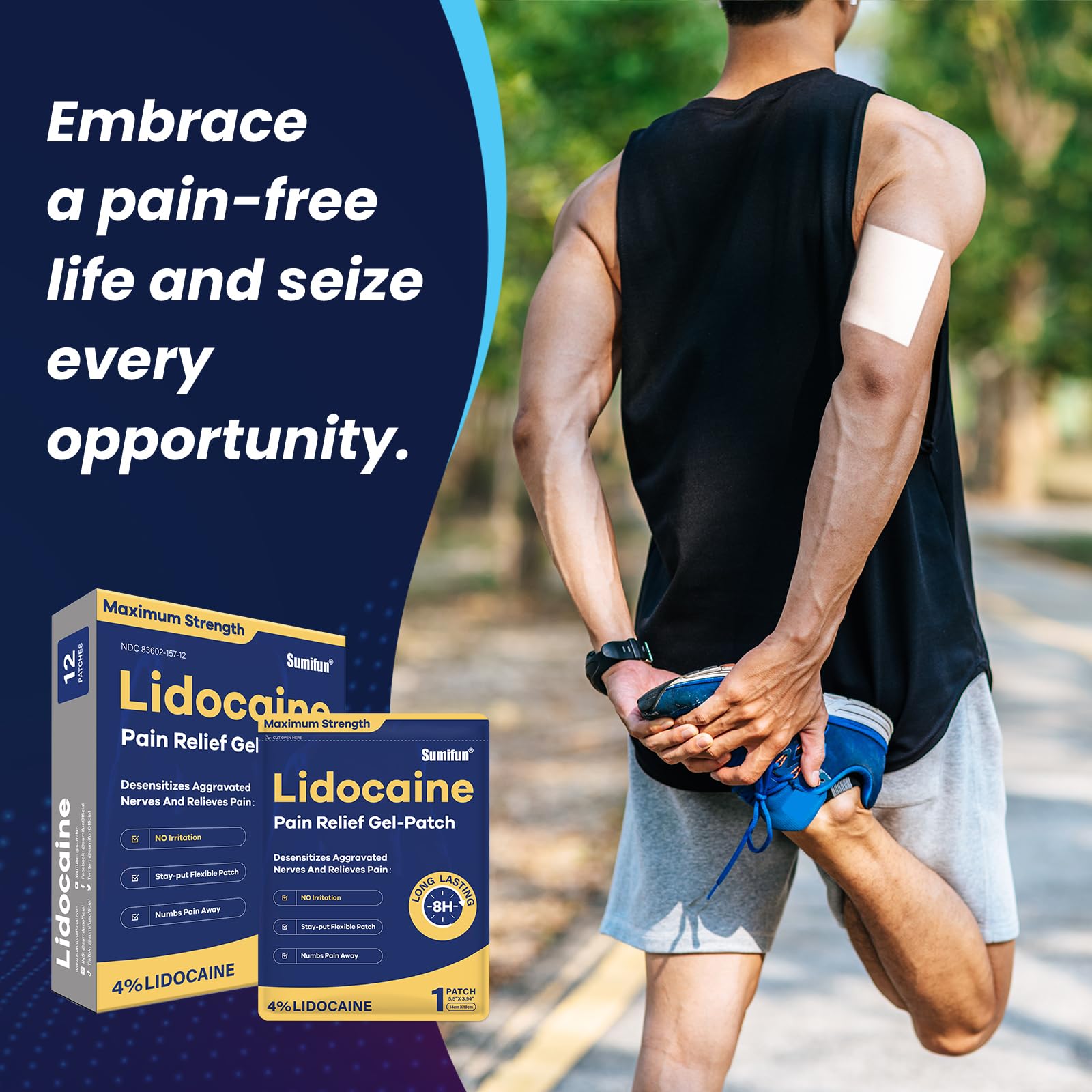 Sumifun 4% Lidocaine Patches Maximum Strength - 12 Count Pain Relieving Gel Patch for Muscle Soreness, Back Ache, Knee, Neck & Joint Pains - Topical Analgesic (Large, Count, 12) - TrustMedUSA