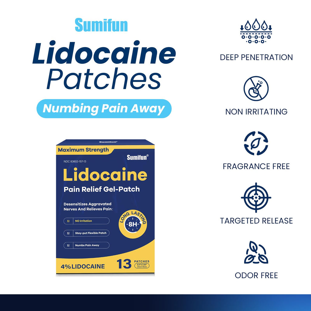 Sumifun 4% Lidocaine Patches Maximum Strength - 13 Count Pain Relieving Gel Patch for Muscle Soreness, Back Ache, Knee, Neck & Joint Pains - Topical Analgesic (Large, Count, 13) - TrustMedUSA
