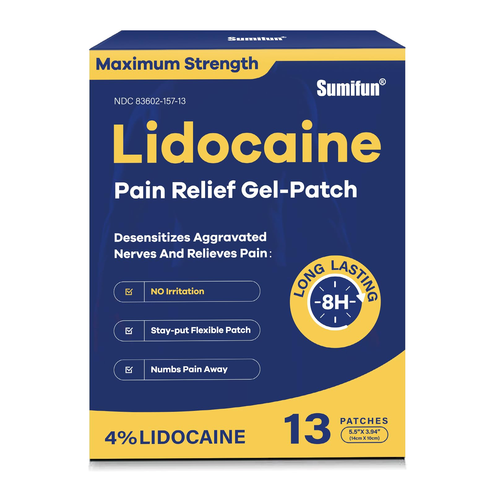 Sumifun 4% Lidocaine Patches Maximum Strength - 13 Count Pain Relieving Gel Patch for Muscle Soreness, Back Ache, Knee, Neck & Joint Pains - Topical Analgesic (Large, Count, 13) - TrustMedUSA