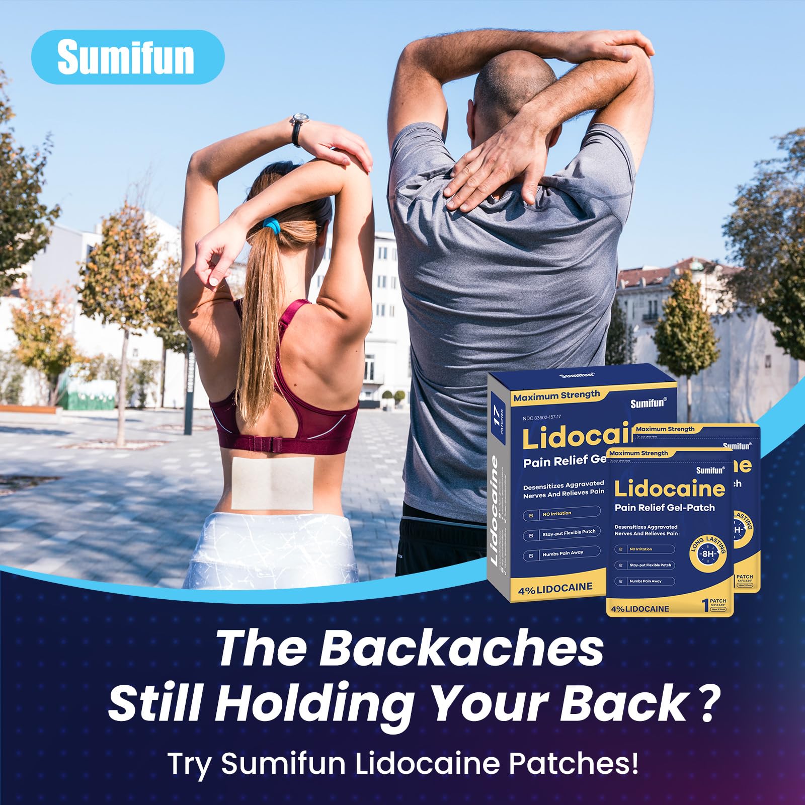Sumifun 4% Lidocaine Patches Maximum Strength - Pain Relieving Gel Patch for Muscle Soreness, Back Ache, Knee, Neck & Joint Pains - Topical Analgesic (Large, Count, 17) - TrustMedUSA