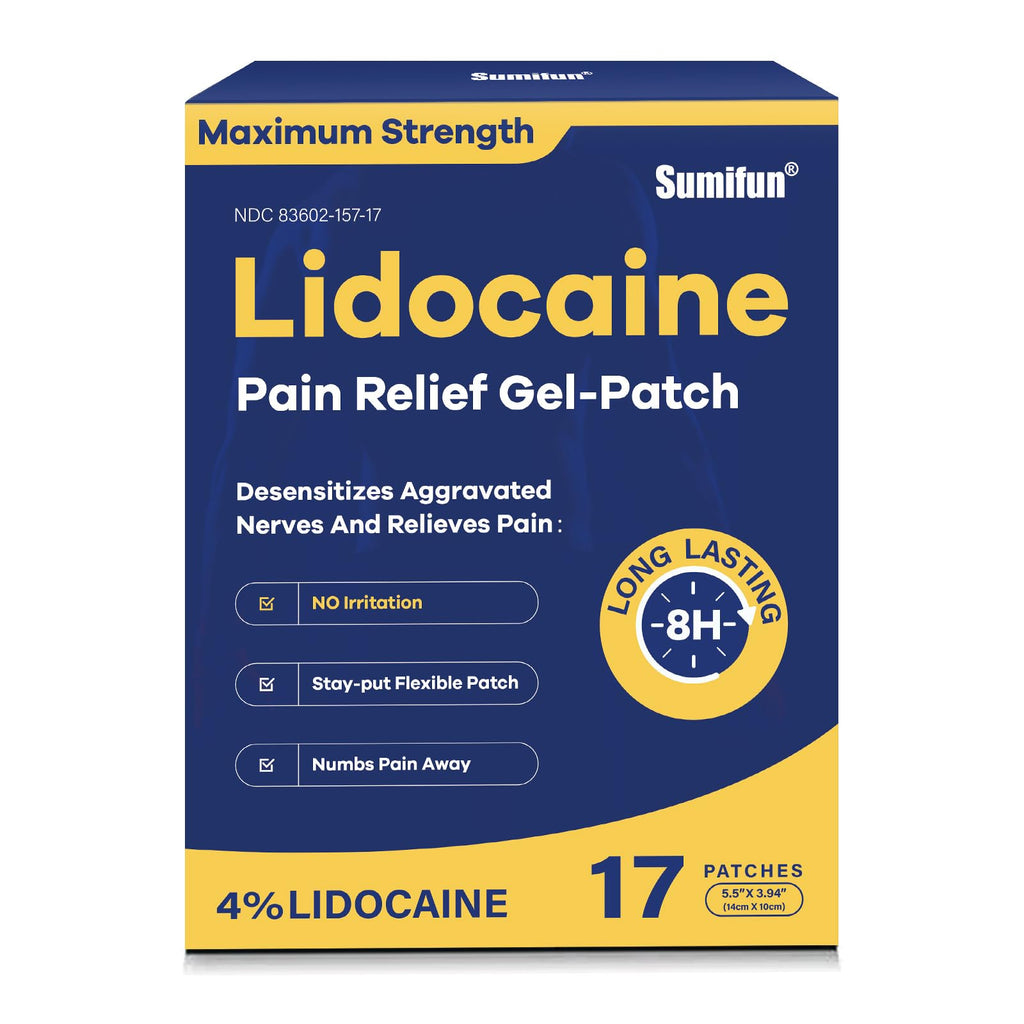 Sumifun 4% Lidocaine Patches Maximum Strength - Pain Relieving Gel Patch for Muscle Soreness, Back Ache, Knee, Neck & Joint Pains - Topical Analgesic (Large, Count, 17) - TrustMedUSA