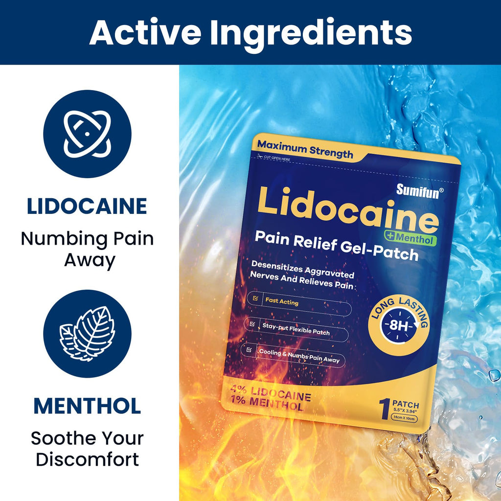 Sumifun 4% Lidocaine Patches Plus 1% Menthol - 30 Counts Maximum Strength OTC Pain Relief Patches for Back Ache Stiff Neck Joint Pain Muscle Soreness Topical Analgesic - TrustMedUSA