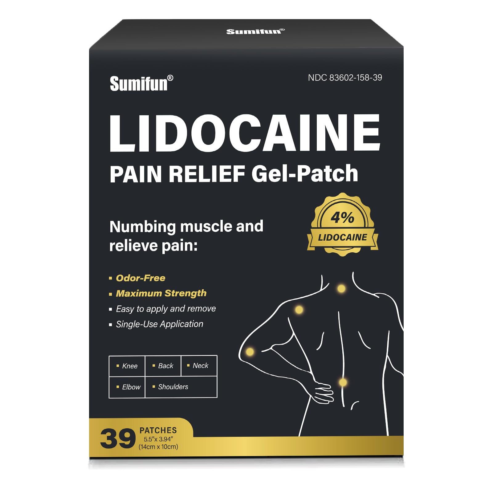 Sumifun 4% Lidocaine Patches,Maximum Strength Pain Relieving Patch Back, Shoulder, Joints, Knee Pain Relief and Muscle Soreness - 8 Hour Pain Relief (39 Count(Pack of 1)) - TrustMedUSA