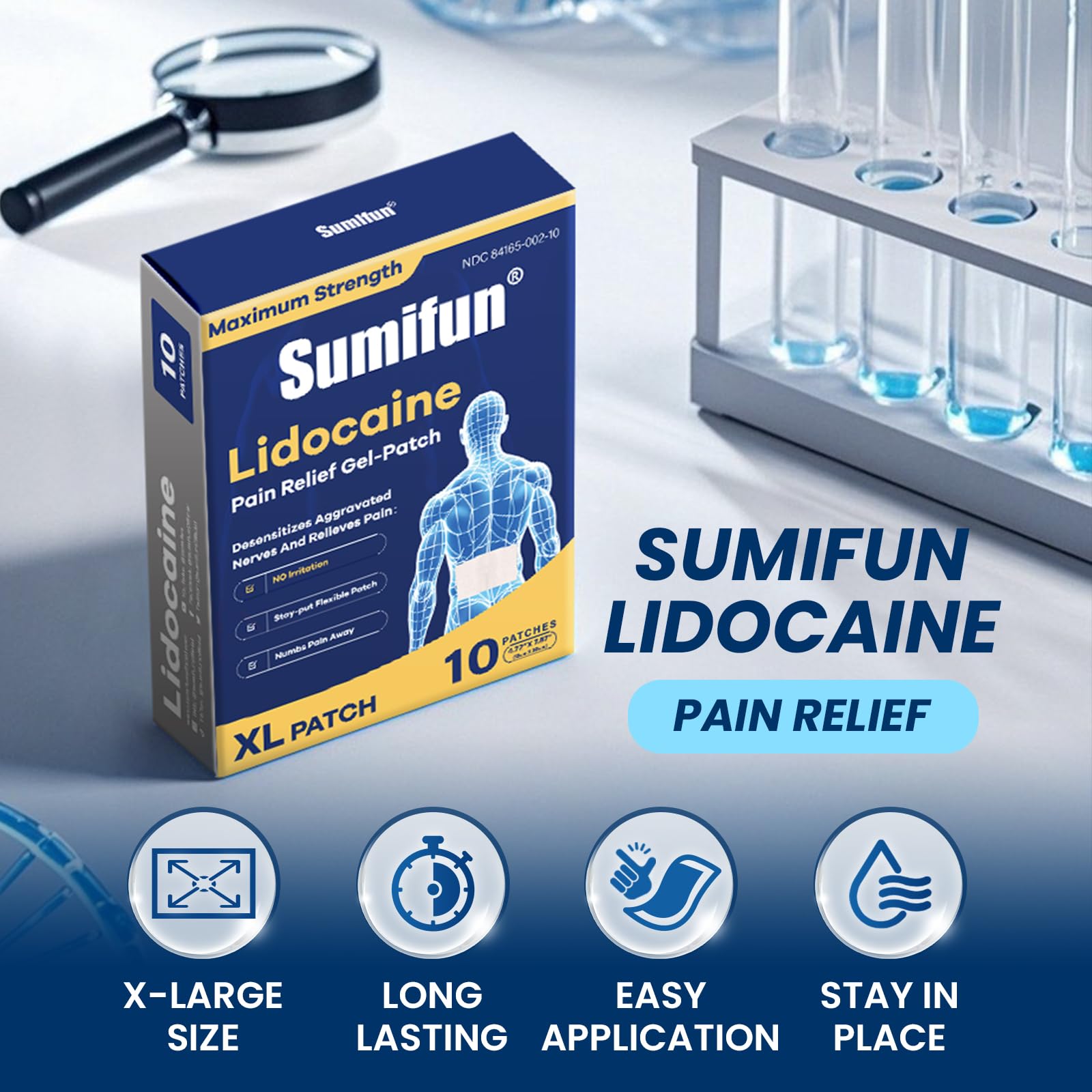 Sumifun 4% Lidocaine XL Pain Patches | Extra Large 4.72"x7.87" for Full Back & Thigh Coverage | Maximum Strength OTC Numbing | 8-Hour Medical Adhesion (X-Large, Count, 10) - TrustMedUSA