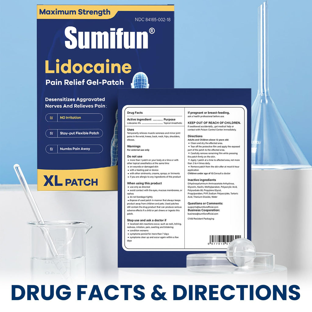 Sumifun 4% Lidocaine XL Pain Patches | Extra Large 4.72"x7.87" for Full Back & Thigh Coverage | Maximum Strength OTC Numbing | 8-Hour Medical Adhesion (X-Large, Count, 18) - TrustMedUSA