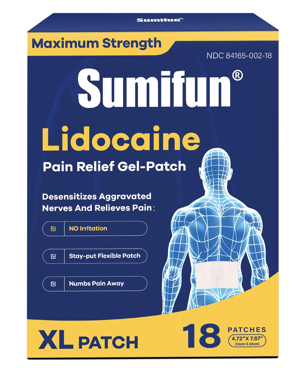 Sumifun 4% Lidocaine XL Pain Patches | Extra Large 4.72"x7.87" for Full Back & Thigh Coverage | Maximum Strength OTC Numbing | 8-Hour Medical Adhesion (X-Large, Count, 18) - TrustMedUSA