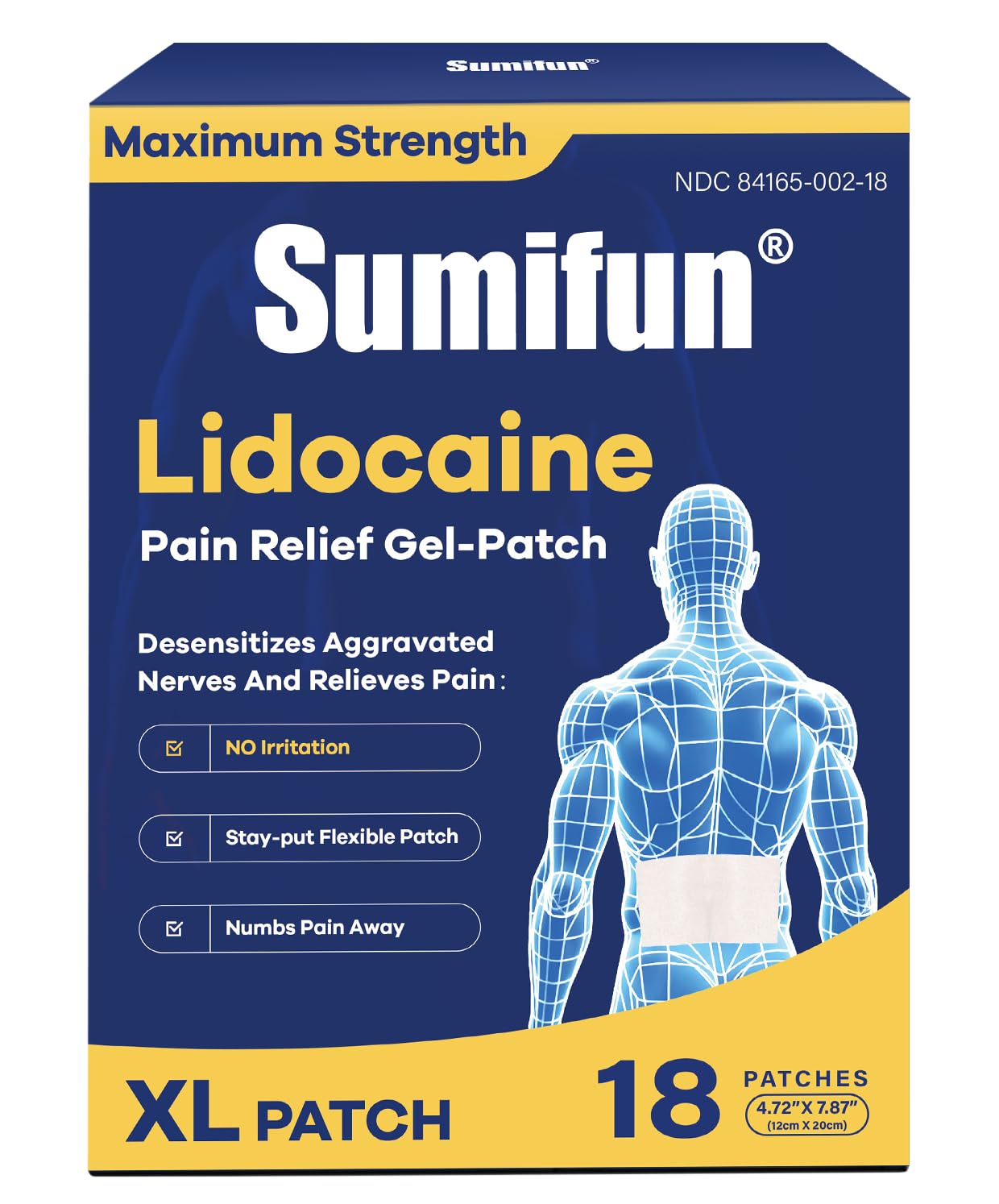 Sumifun 4% Lidocaine XL Pain Patches | Extra Large 4.72"x7.87" for Full Back & Thigh Coverage | Maximum Strength OTC Numbing | 8-Hour Medical Adhesion (X-Large, Count, 18) - TrustMedUSA