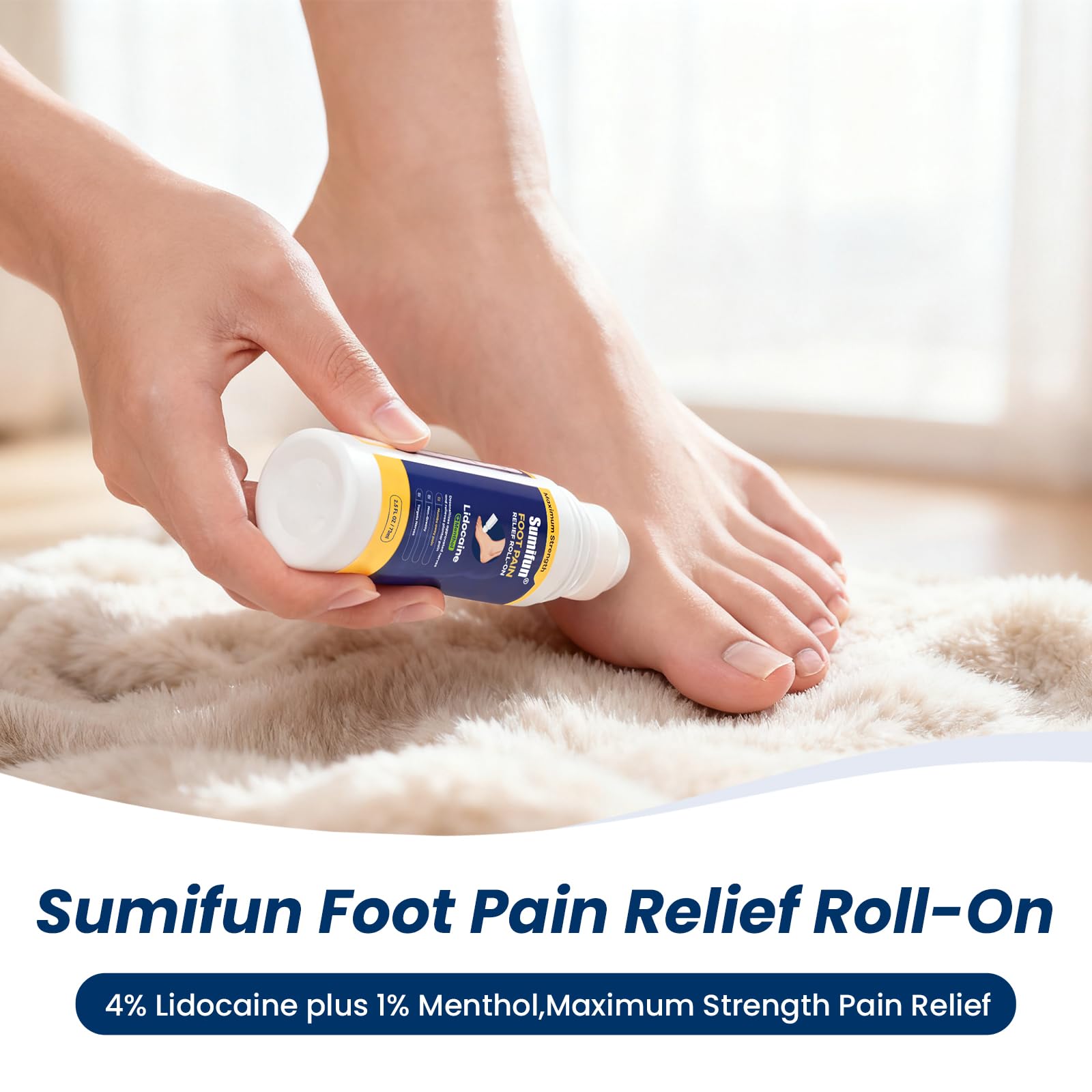 Sumifun Foot Pain Relief Lidocaine Roll-On - Maximum Strength OTC for Plantar Fasciitis & Heel Pain - Fast-Drying, Non-Greasy Formula, 2.5 Fl Oz * 2 - TrustMedUSA