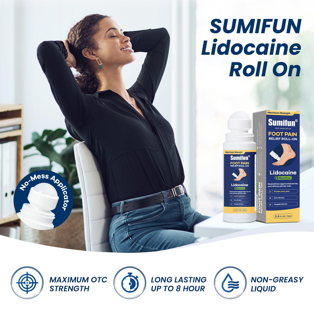Sumifun Foot Pain Relief Lidocaine Roll-On - Maximum Strength OTC for Plantar Fasciitis & Heel Pain - Fast-Drying, Non-Greasy Formula, 2.5 Fl Oz * 2 - TrustMedUSA