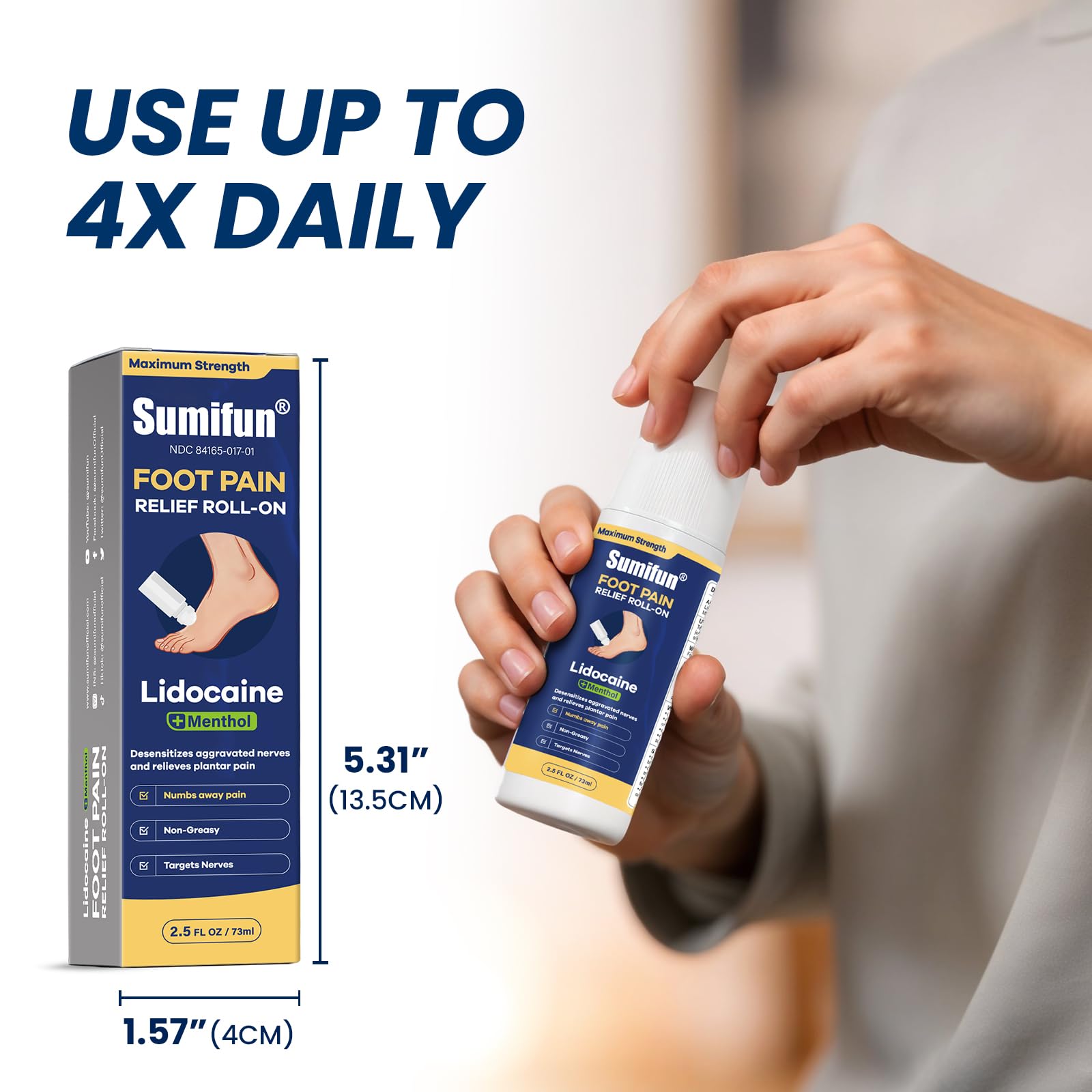 Sumifun Foot Pain Relief Lidocaine Roll-On - Maximum Strength OTC for Plantar Fasciitis & Heel Pain - Fast-Drying, Non-Greasy Formula, 2.5 Fl Oz * 2 - TrustMedUSA