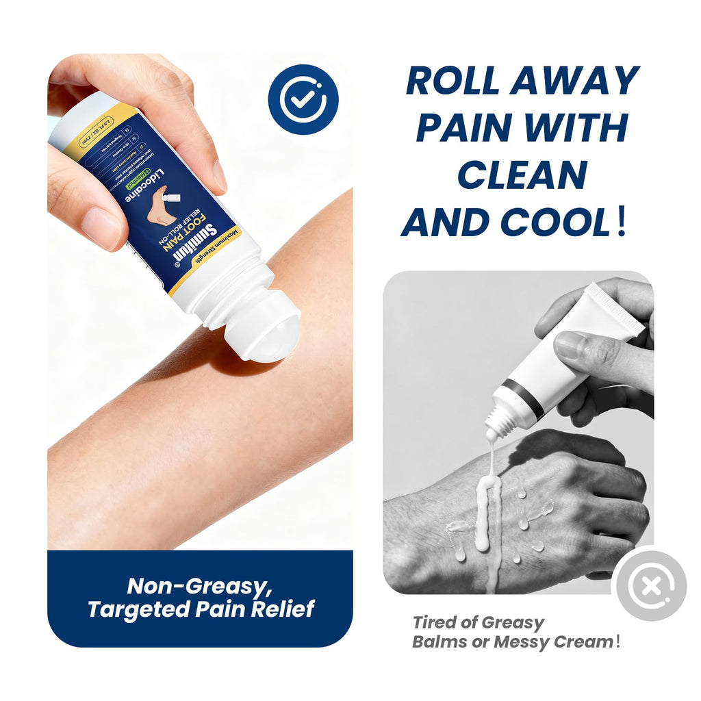 Sumifun Foot Pain Relief Lidocaine Roll-On - Maximum Strength OTC for Plantar Fasciitis & Heel Pain - Fast-Drying, Non-Greasy Formula, 2.5 Fl Oz * 2 - TrustMedUSA
