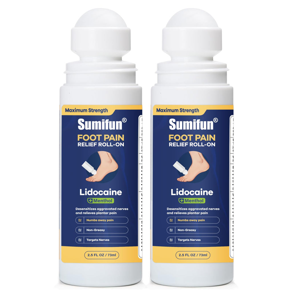 Sumifun Foot Pain Relief Lidocaine Roll-On - Maximum Strength OTC for Plantar Fasciitis & Heel Pain - Fast-Drying, Non-Greasy Formula, 2.5 Fl Oz * 2 - TrustMedUSA