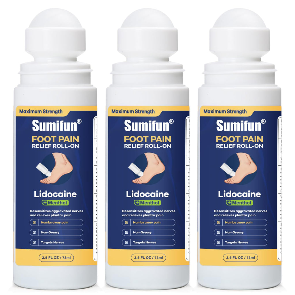 Sumifun Foot Pain Relief Lidocaine Roll-On - Maximum Strength OTC for Plantar Fasciitis & Heel Pain - Fast-Drying, Non-Greasy Formula, 2.5 Fl Oz * 3 - TrustMedUSA