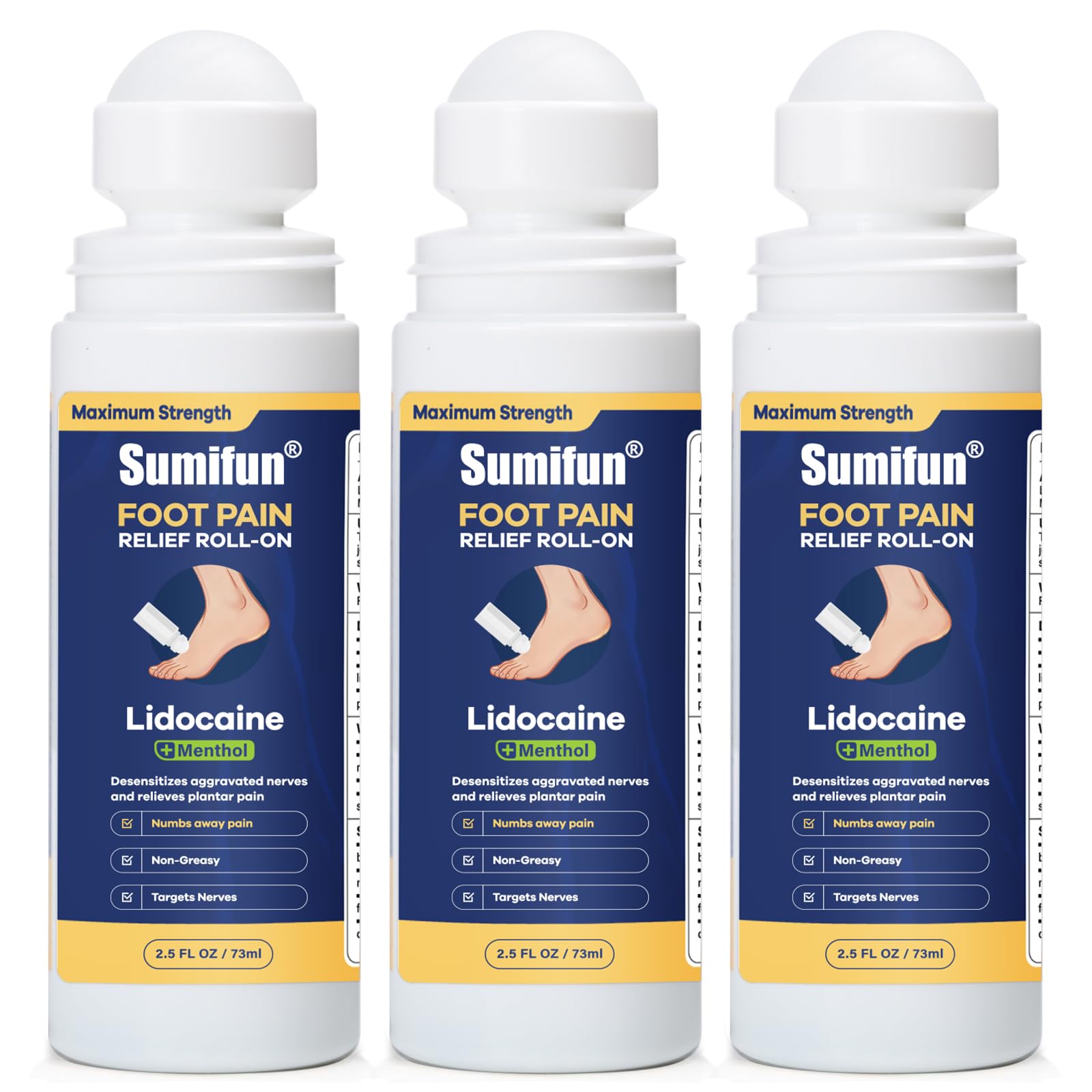 Sumifun Foot Pain Relief Lidocaine Roll-On - Maximum Strength OTC for Plantar Fasciitis & Heel Pain - Fast-Drying, Non-Greasy Formula, 2.5 Fl Oz * 3 - TrustMedUSA