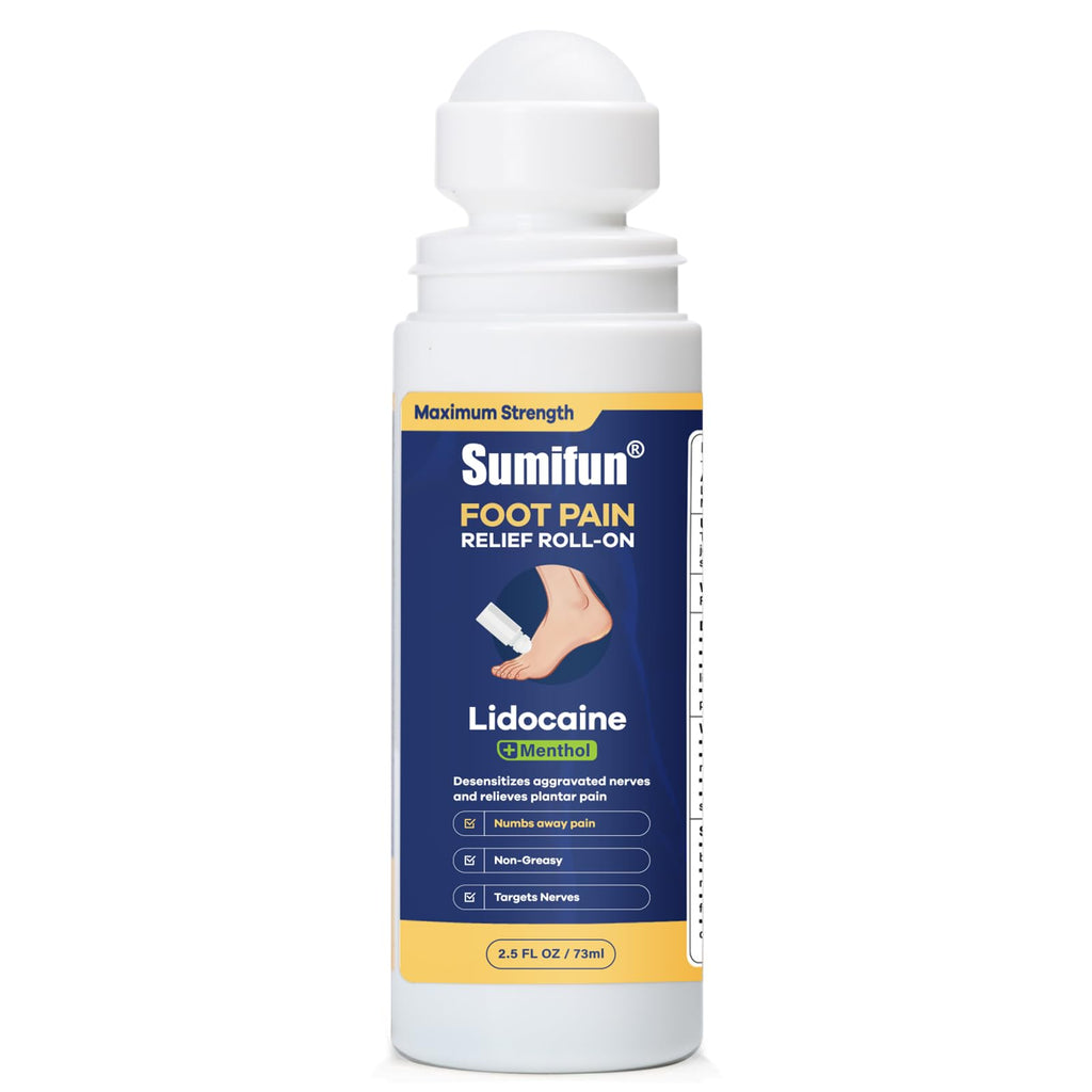 Sumifun Foot Pain Relief Lidocaine Roll-On - Maximum Strength OTC for Plantar Fasciitis & Heel Pain - Fast-Drying, Non-Greasy Formula, 2.5 Fl Oz - TrustMedUSA