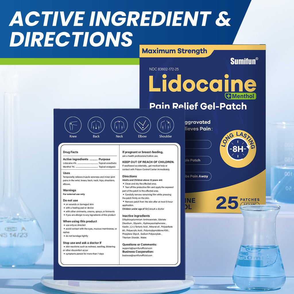 Sumifun Lidocaine Pain Relief Patches - Fast, Targeted Therapy Simple Backache, Soreness, Sprain, Joint Pain with Maximum Strength 4% Lidocaine and 1% Menthol (Large, Count, 25) - TrustMedUSA