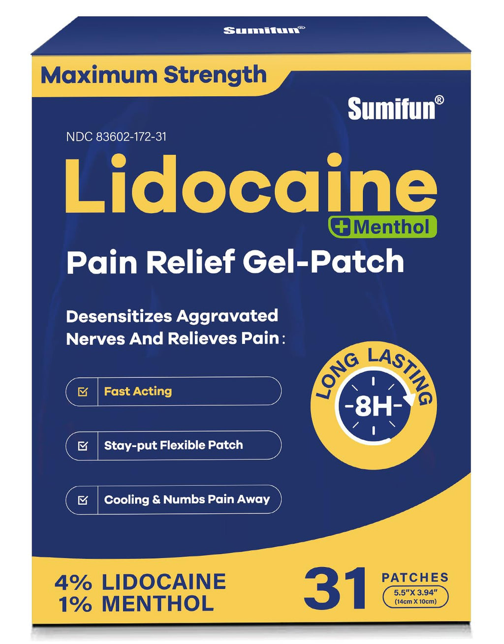 Sumifun Lidocaine Pain Relief Patches - Fast, Targeted Therapy Simple Backache, Soreness, Sprain, Joint Pain with Maximum Strength 4% Lidocaine and 1% Menthol (Large, Count, 31) NDC 83602-172-31 - TrustMedUSA