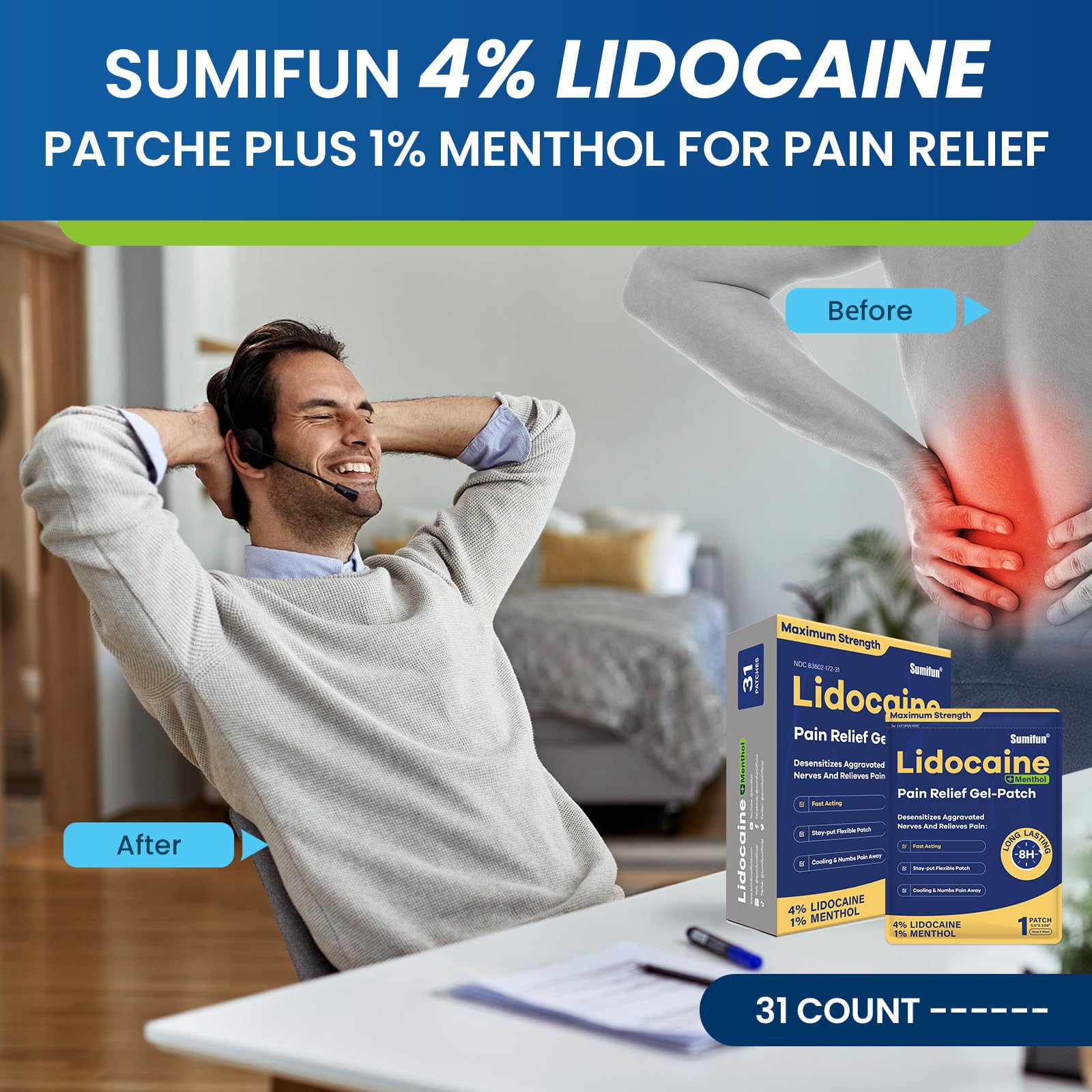 Sumifun Lidocaine Pain Relief Patches - Fast, Targeted Therapy Simple Backache, Soreness, Sprain, Joint Pain with Maximum Strength 4% Lidocaine and 1% Menthol (Large, Count, 31) NDC 83602-172-31 - TrustMedUSA