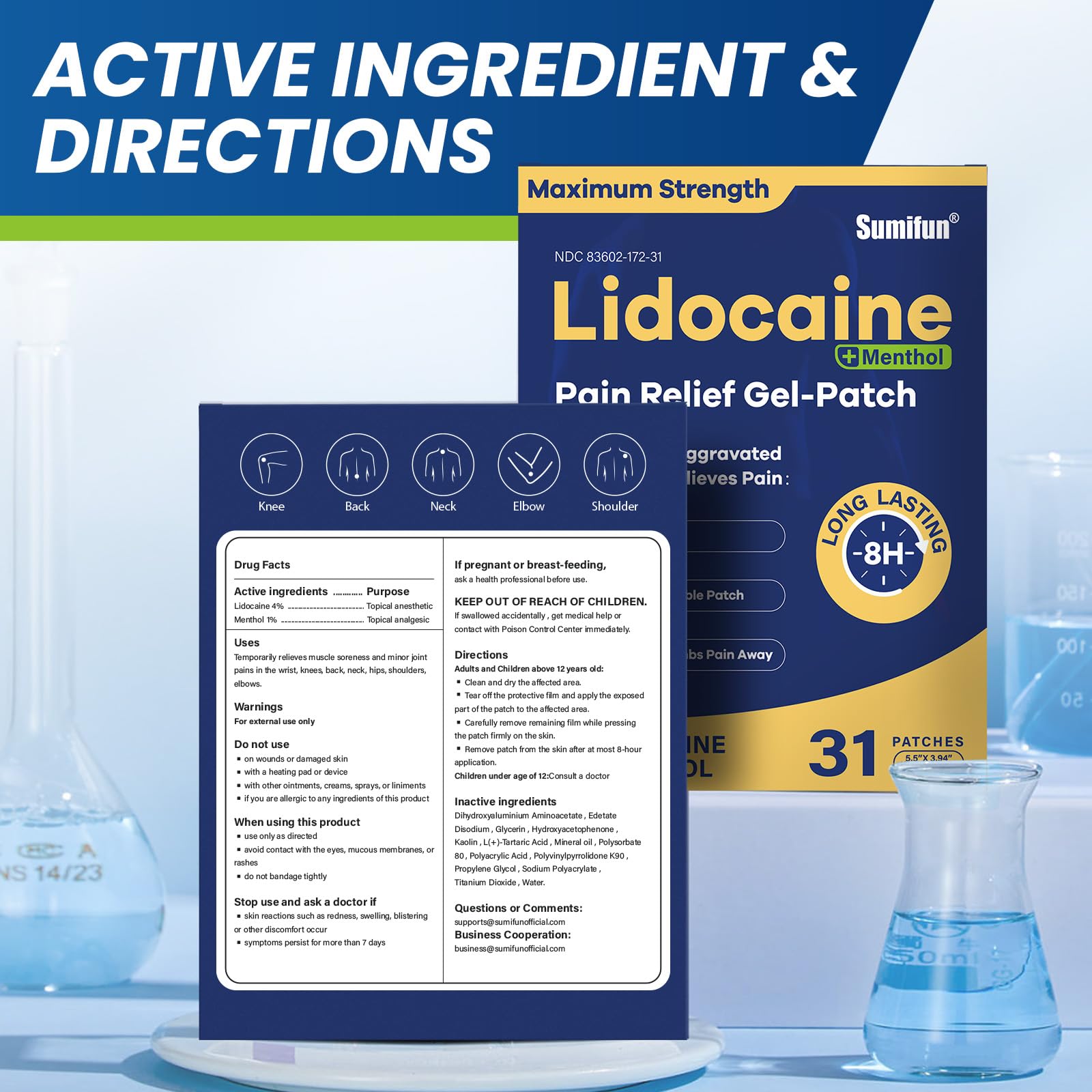 Sumifun Lidocaine Pain Relief Patches - Fast, Targeted Therapy Simple Backache, Soreness, Sprain, Joint Pain with Maximum Strength 4% Lidocaine and 1% Menthol (Large, Count, 31) NDC 83602-172-31 - TrustMedUSA