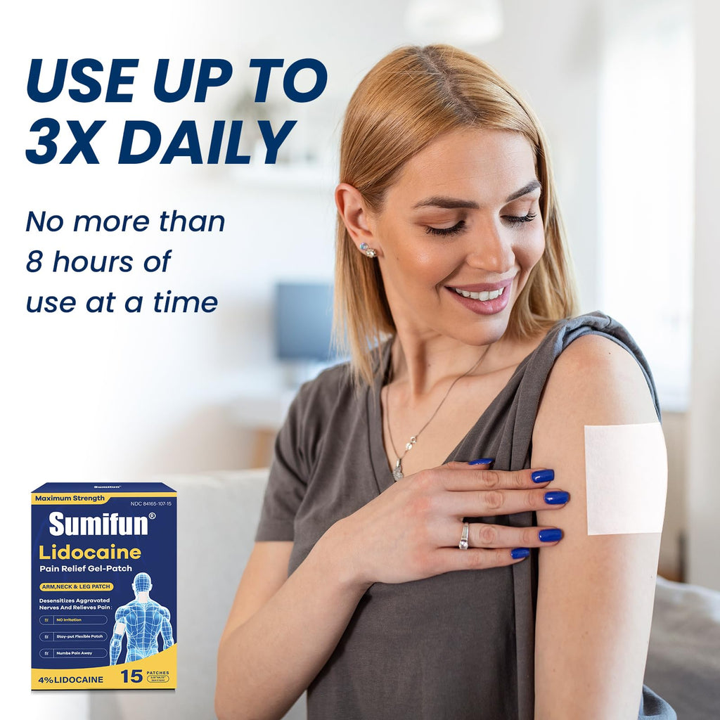 Sumifun Medium Size Lidocaine Patches - Plantar Fasciitis Relief, Foot & Neck & Arm & Small Pain Areas - Maximum OTC Strength - Stays in Place (Small, Count, 15) - TrustMedUSA