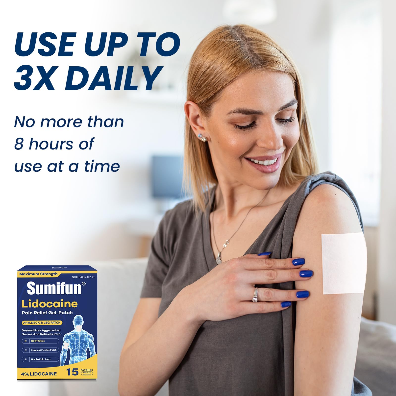 Sumifun Medium Size Lidocaine Patches - Plantar Fasciitis Relief, Foot & Neck & Arm & Small Pain Areas - Maximum OTC Strength - Stays in Place (Small, Count, 15) - TrustMedUSA