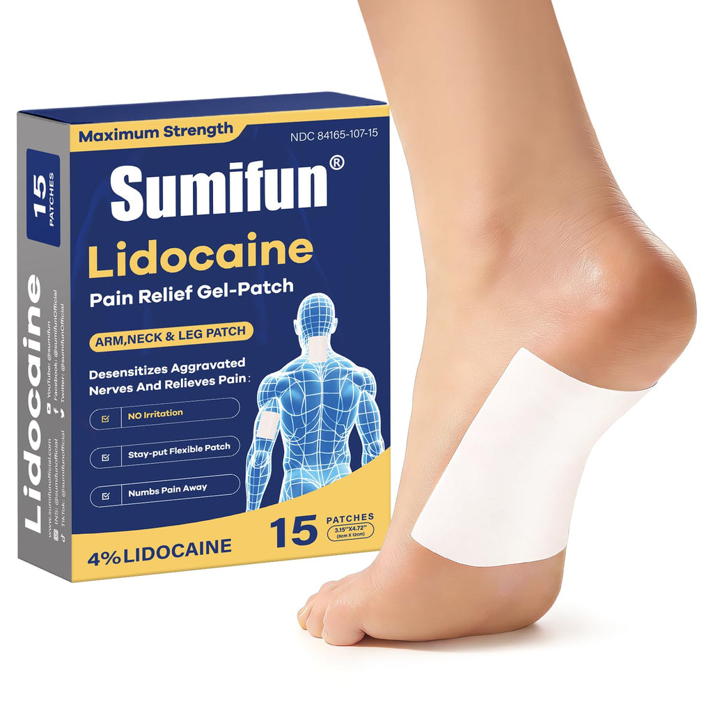Sumifun Medium Size Lidocaine Patches - Plantar Fasciitis Relief, Foot & Neck & Arm & Small Pain Areas - Maximum OTC Strength - Stays in Place (Small, Count, 15) - TrustMedUSA