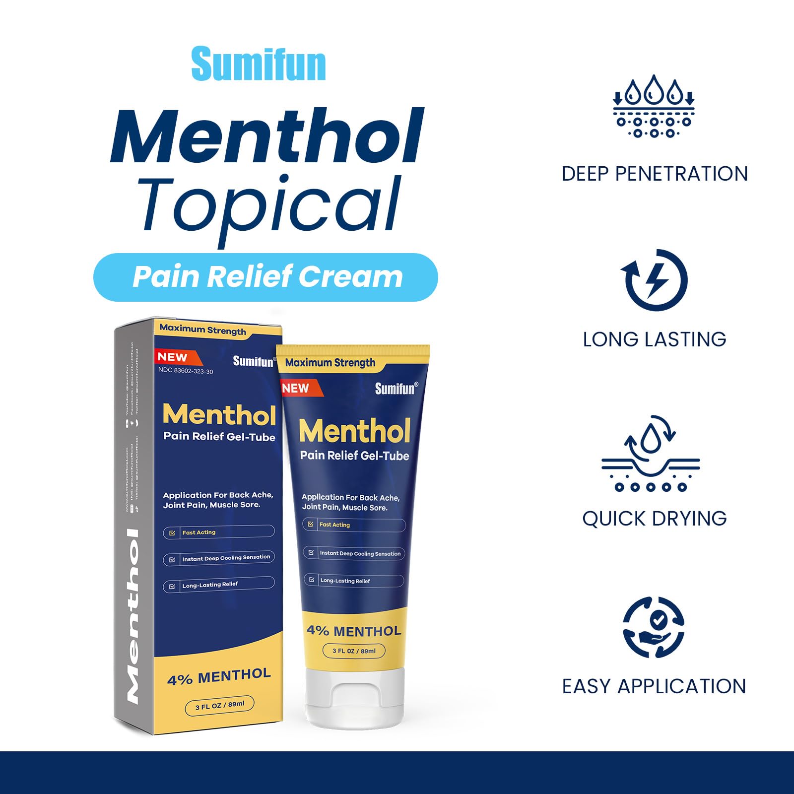 Sumifun Menthol Pain Relief Gel-Tube-3 FL OZ Tube (Pack of 1)- for Knee & Lower Back Pain Relief, Sore Muscle Relief, Neck Pain Relief, Shoulder Pain Relief - TrustMedUSA