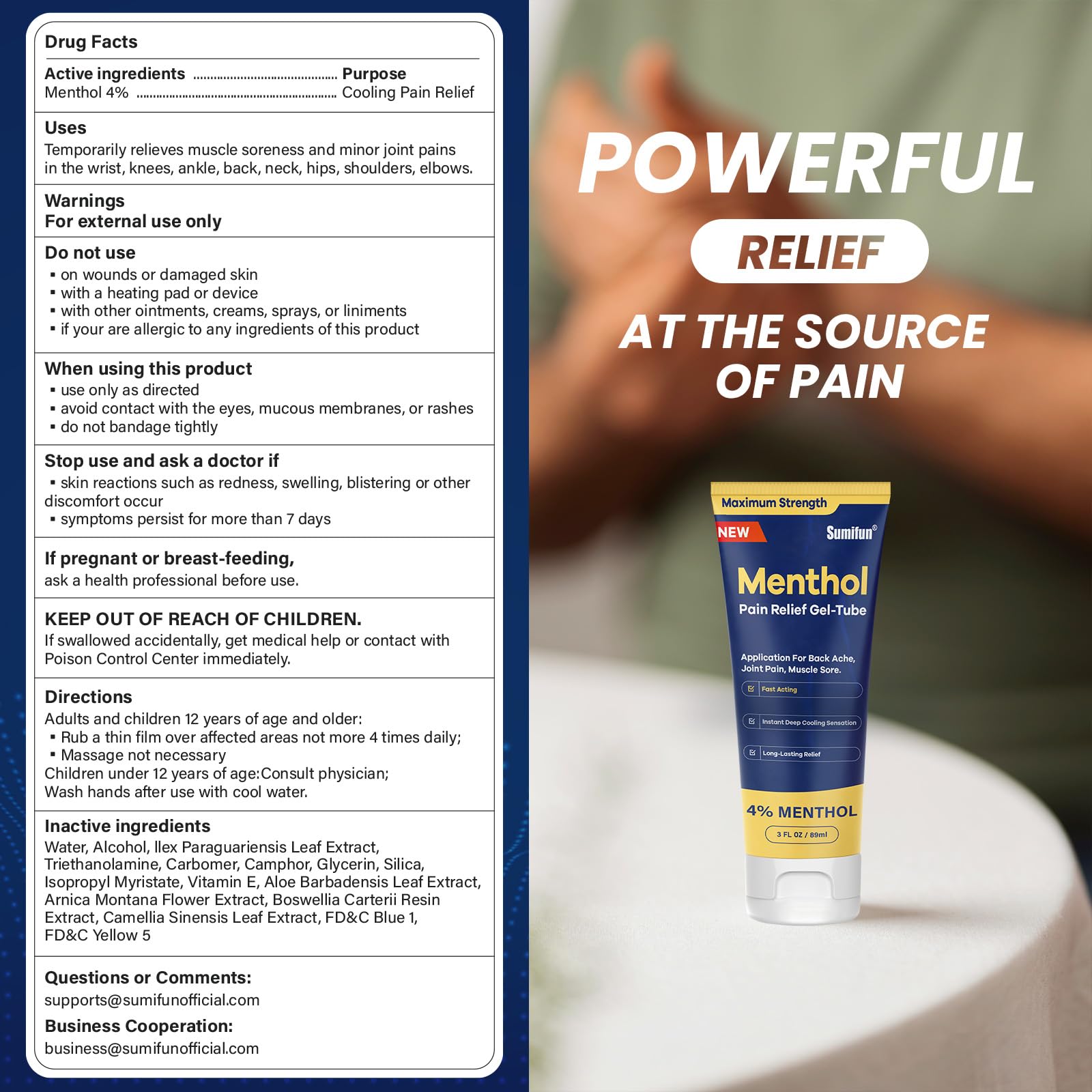Sumifun Menthol Pain Relief Gel-Tube-3 FL OZ Tube (Pack of 1)- for Knee & Lower Back Pain Relief, Sore Muscle Relief, Neck Pain Relief, Shoulder Pain Relief - TrustMedUSA