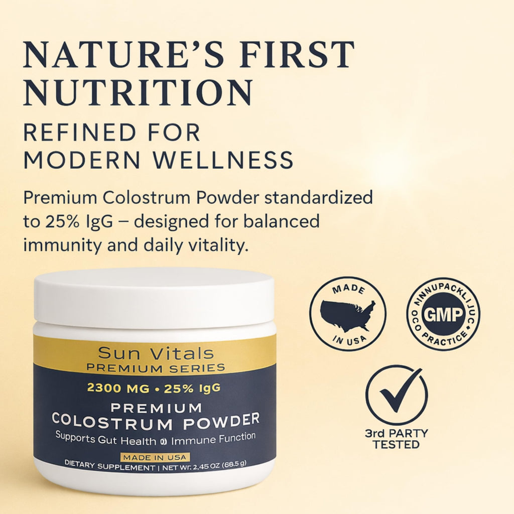 Sun Vitals Bovine Colostrum Powder 2300mg – 575mg IgG Per Serving | 25% IgG Standardized | Gut Health & Immune Support | No Fillers, No Capsules | GMP-Certified, 3rd Party Tested | 30 Servings - TrustMedUSA