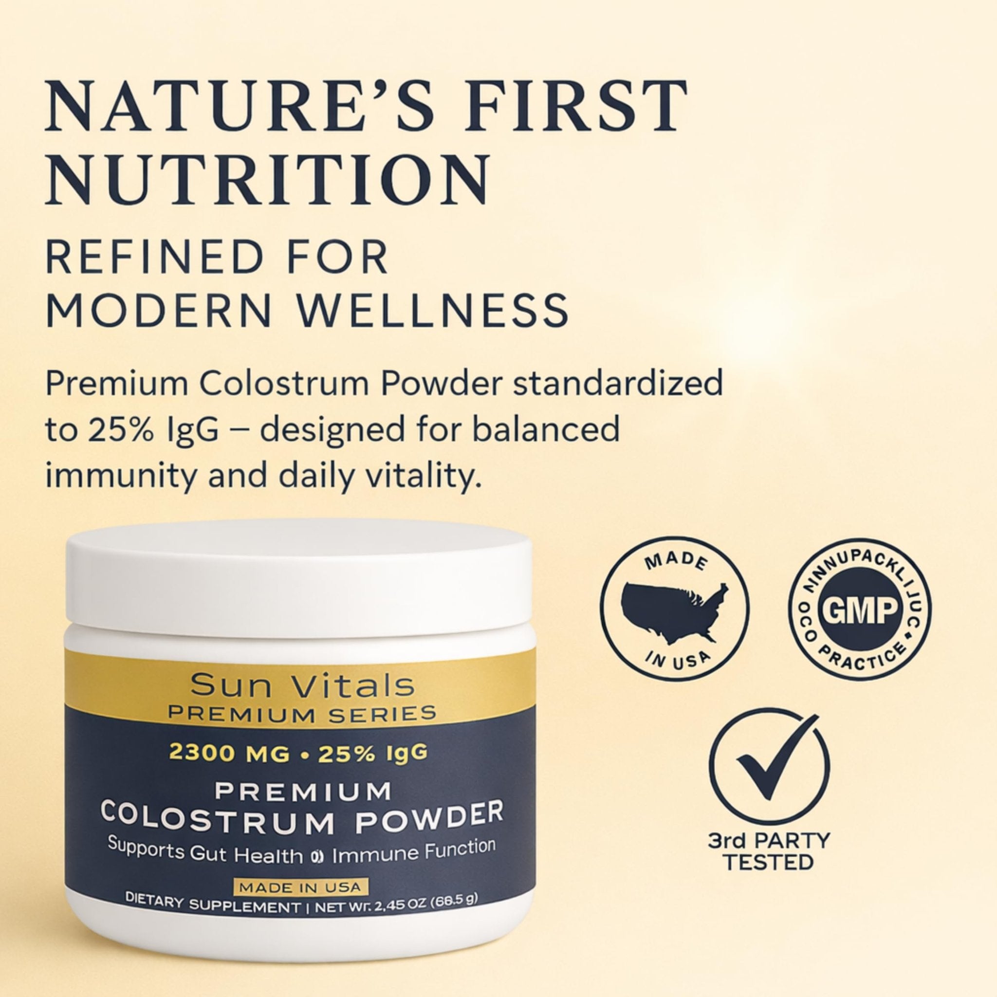 Sun Vitals Bovine Colostrum Powder 2300mg – 575mg IgG Per Serving | 25% IgG Standardized | Gut Health & Immune Support | No Fillers, No Capsules | GMP-Certified, 3rd Party Tested | 30 Servings - TrustMedUSA