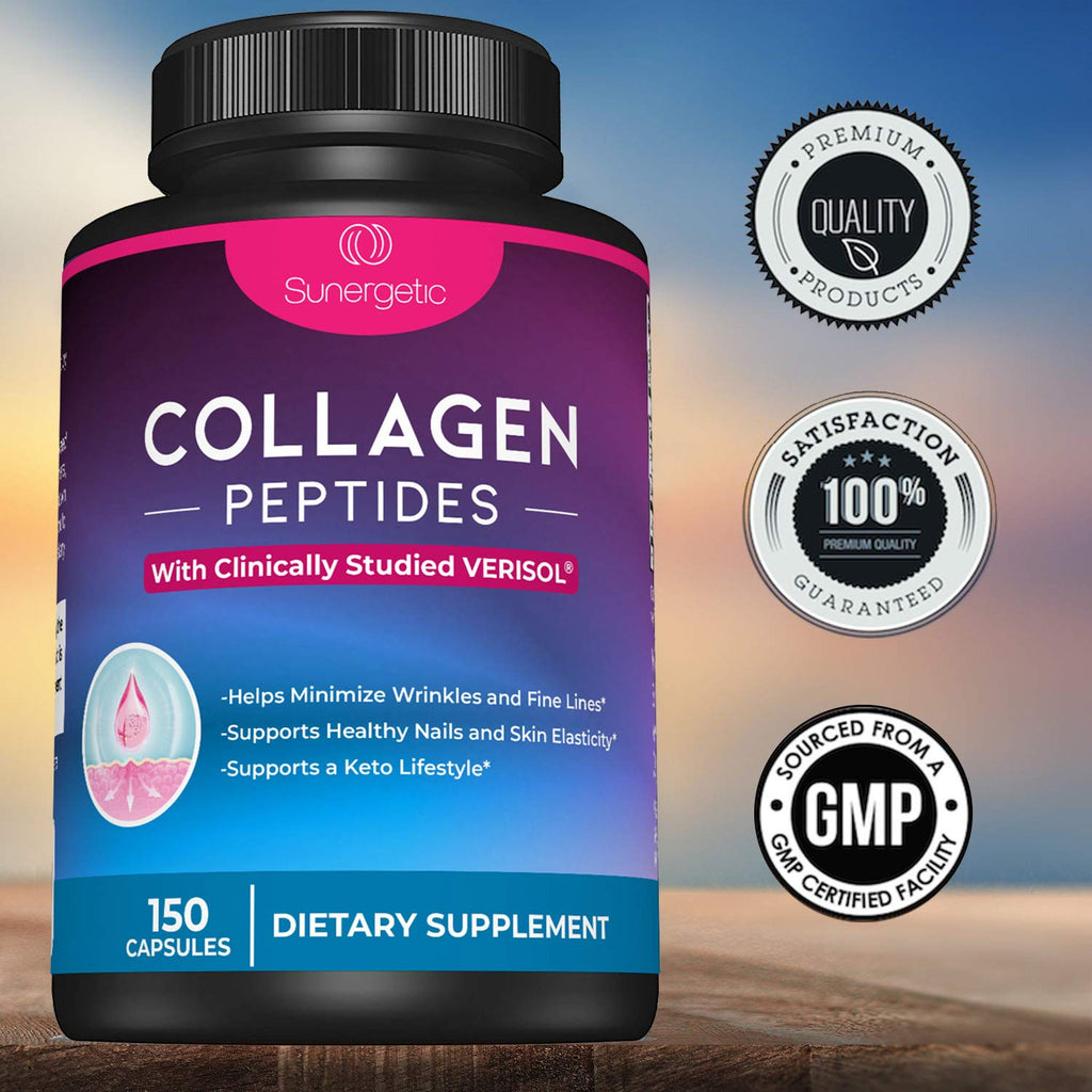 Sunergetic Premium Collagen Peptides Capsules – 2500 mg of VERISOL Collagen Peptides Type 1 & Type 3 – Multi Collagen Supplement to Support Joint Health, Hair, Skin & Nails – 150 Collagen Capsules - Maple Wellness Supplements