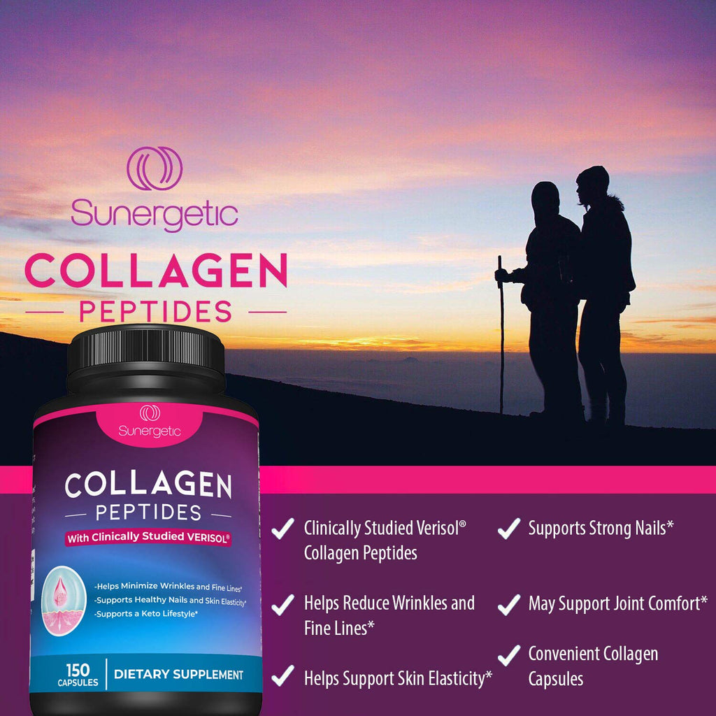 Sunergetic Premium Collagen Peptides Capsules – 2500 mg of VERISOL Collagen Peptides Type 1 & Type 3 – Multi Collagen Supplement to Support Joint Health, Hair, Skin & Nails – 150 Collagen Capsules - Maple Wellness Supplements