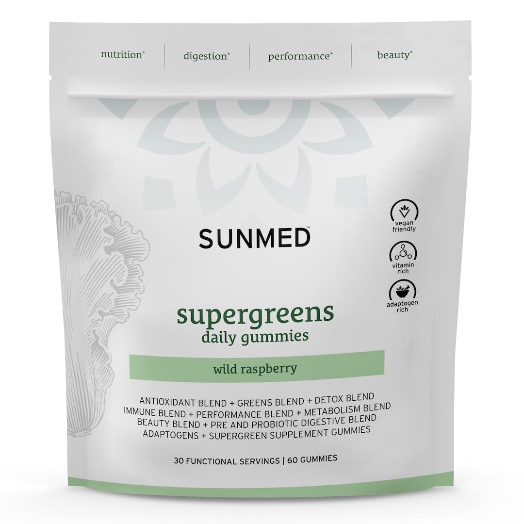 SUNMED Supergreens Daily Gummies – Wellness Blend with Ashwagandha, Green Tea, Spirulina, Probiotics, Antioxidants & Detox Support for Immunity, Gut, Skin & Brain Health | Wild Raspberry, 60ct - TrustMedUSA
