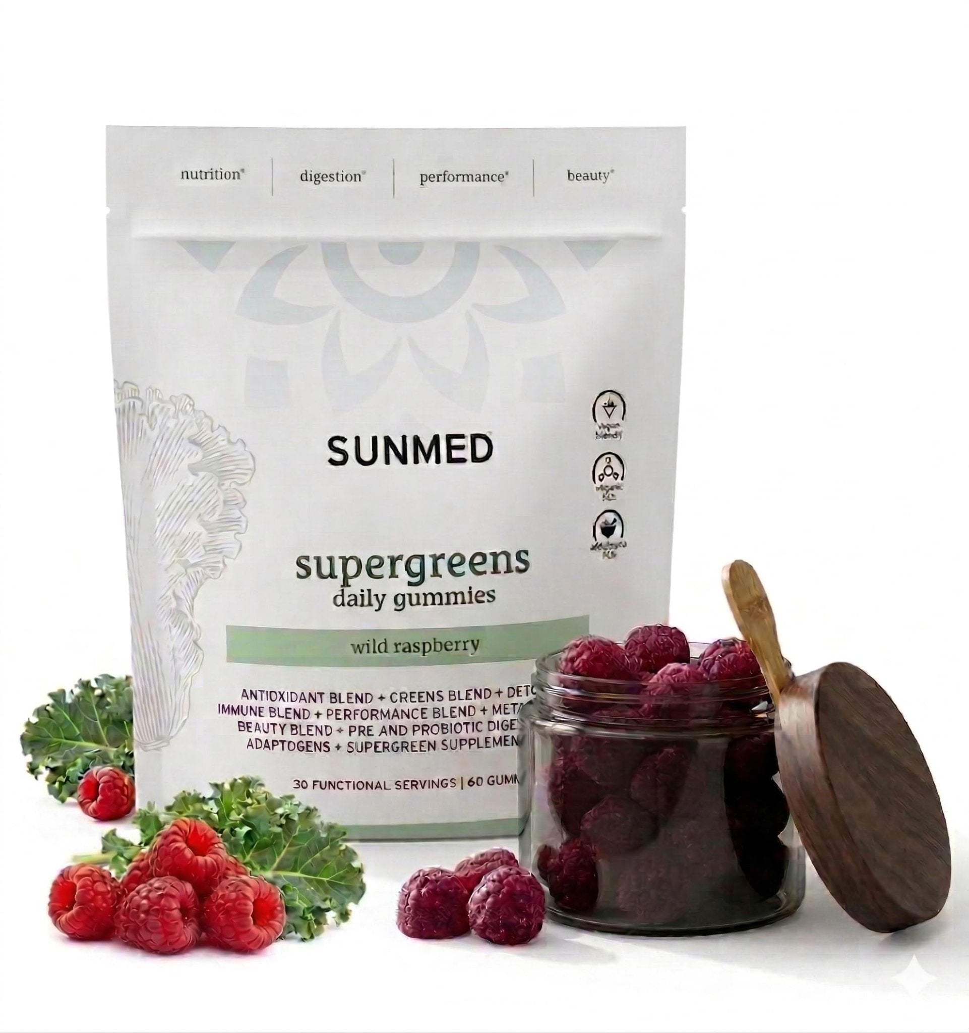 SUNMED Supergreens Daily Gummies – Wellness Blend with Ashwagandha, Green Tea, Spirulina, Probiotics, Antioxidants & Detox Support for Immunity, Gut, Skin & Brain Health | Wild Raspberry, 60ct - TrustMedUSA