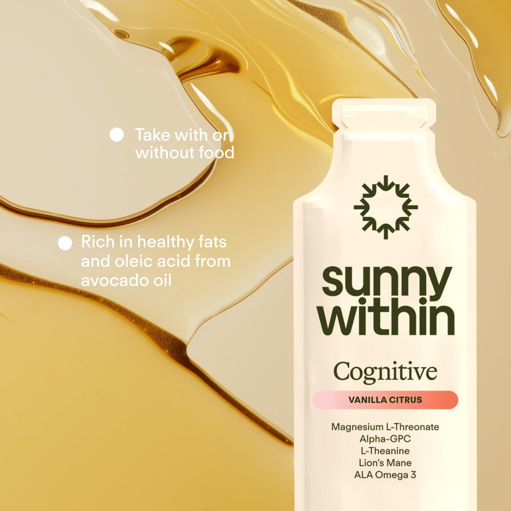 Sunny Within - Brain Health Supplement - Magnesium L-Threonate from Magtein®, Lion’s Mane, Alpha GPC, L-Theanine, ALA & Avocado Oil - Focus, Mood & Memory Support* - 30 Daily Vegan Pouches - TrustMedUSA