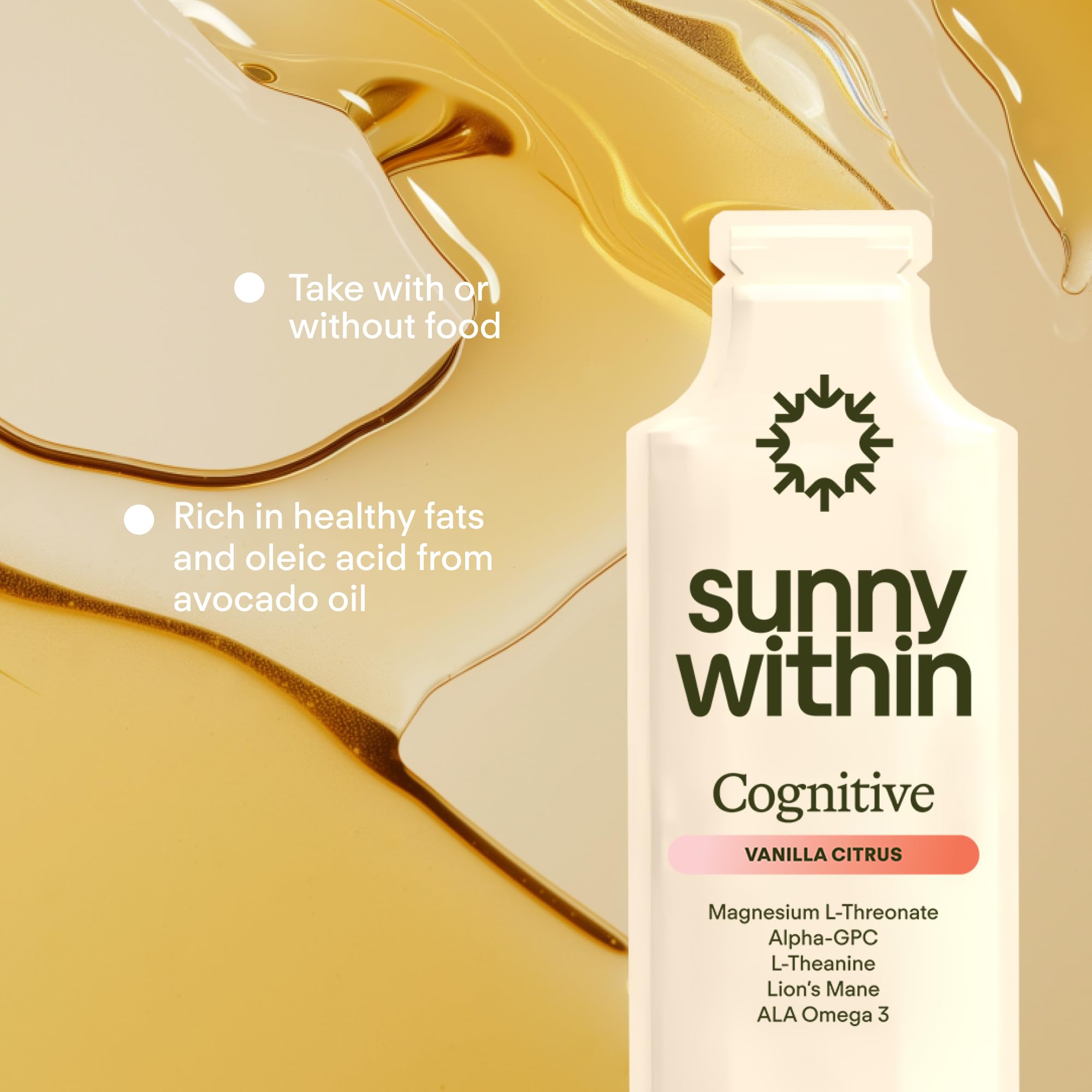 Sunny Within - Brain Health Supplement - Magnesium L-Threonate from Magtein®, Lion’s Mane, Alpha GPC, L-Theanine, ALA & Avocado Oil - Focus, Mood & Memory Support* - 30 Daily Vegan Pouches - TrustMedUSA