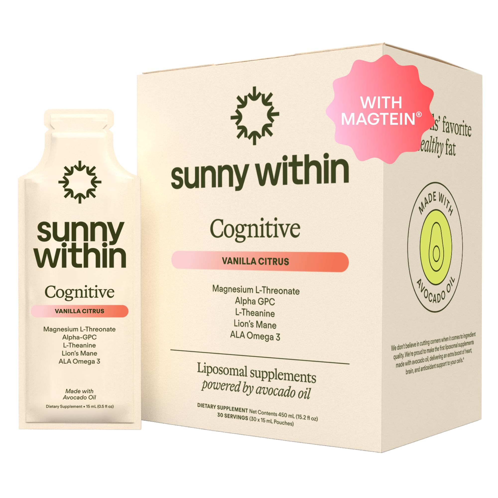 Sunny Within - Brain Health Supplement - Magnesium L-Threonate from Magtein®, Lion’s Mane, Alpha GPC, L-Theanine, ALA & Avocado Oil - Focus, Mood & Memory Support* - 30 Daily Vegan Pouches - TrustMedUSA