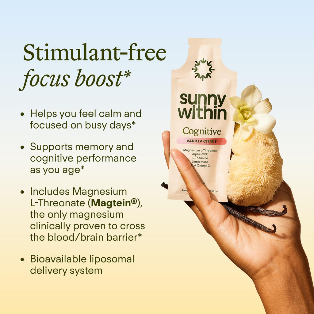 Sunny Within - Brain Health Supplement - Magnesium L-Threonate from Magtein®, Lion’s Mane, Alpha GPC, L-Theanine, ALA & Avocado Oil - Focus, Mood & Memory Support* - 30 Daily Vegan Pouches - TrustMedUSA