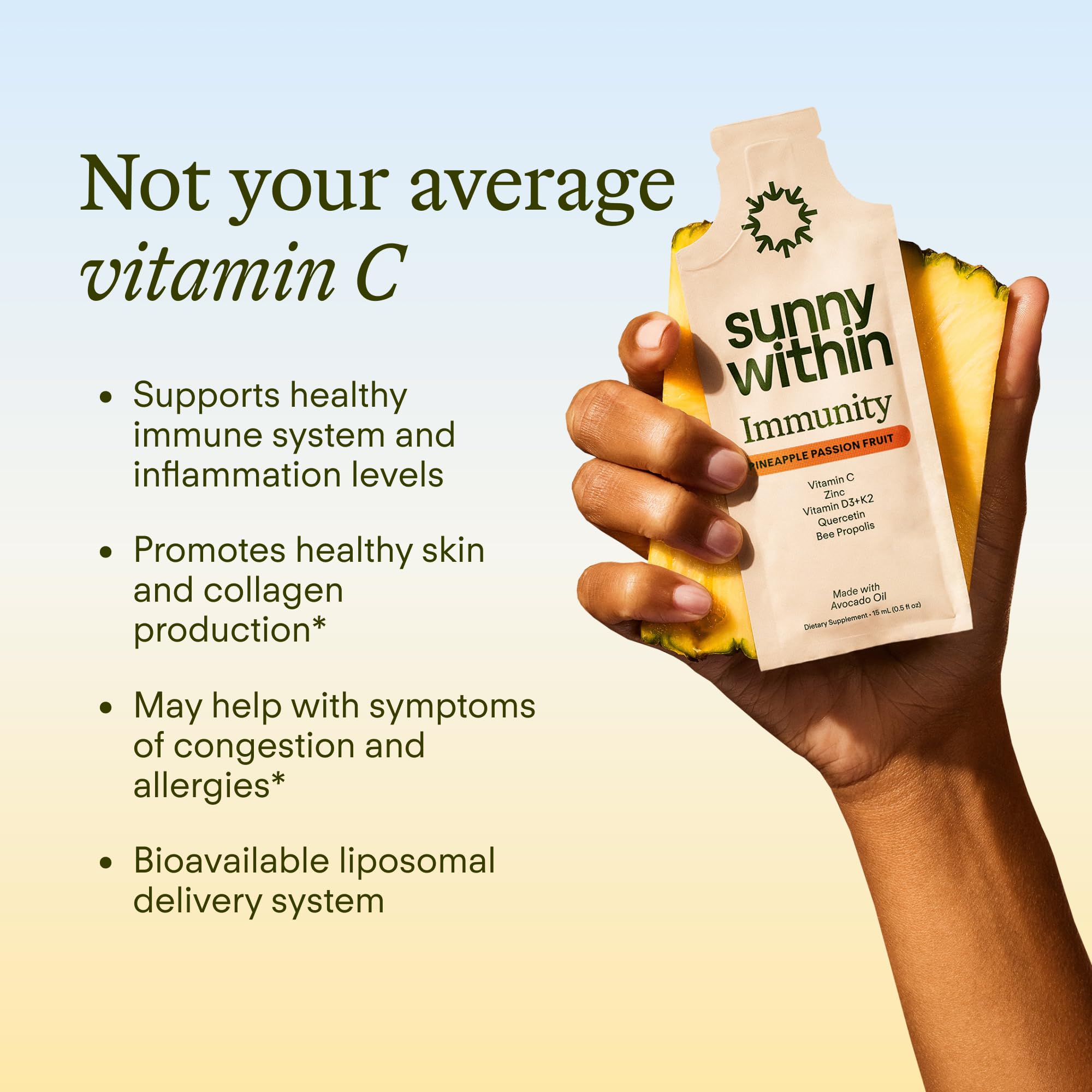 Sunny Within Immunity - 6-in-1 Liposomal Vitamin C Packets, Zinc, D3 + K2, Quercetin, Bee Propolis & Avocado Oil - Antioxidant Liquid Supplement for Immunity, Skin & Bone* - 30 Pouches - TrustMedUSA