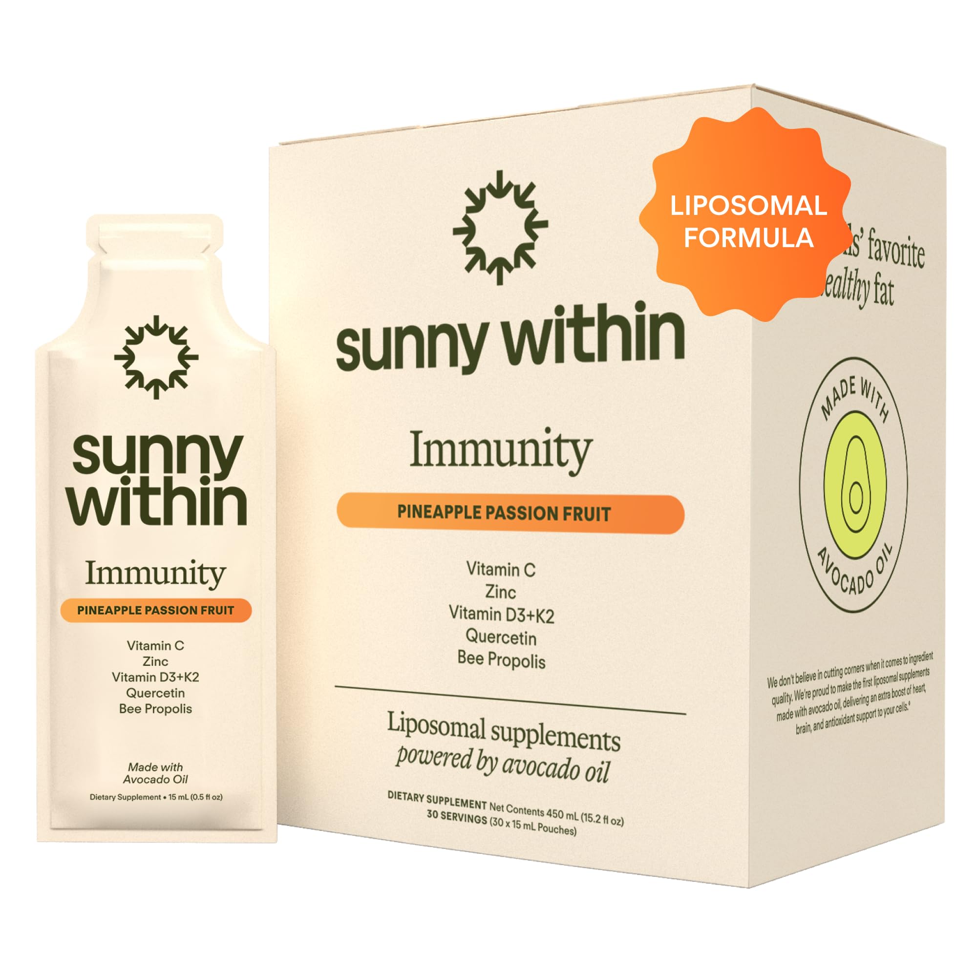 Sunny Within Immunity - 6-in-1 Liposomal Vitamin C Packets, Zinc, D3 + K2, Quercetin, Bee Propolis & Avocado Oil - Antioxidant Liquid Supplement for Immunity, Skin & Bone* - 30 Pouches - TrustMedUSA