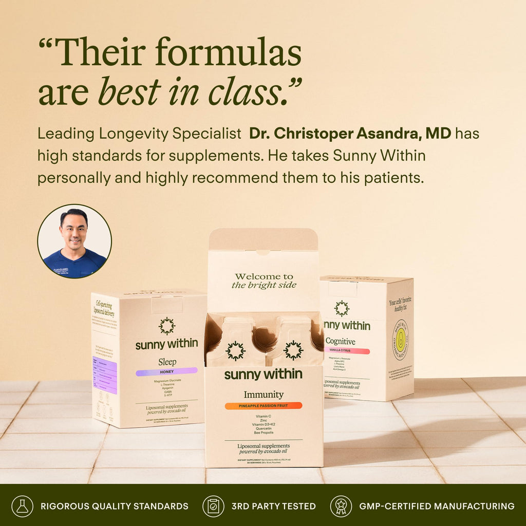Sunny Within Immunity - 6-in-1 Liposomal Vitamin C Packets, Zinc, D3 + K2, Quercetin, Bee Propolis & Avocado Oil - Antioxidant Liquid Supplement for Immunity, Skin & Bone* - 30 Pouches - TrustMedUSA