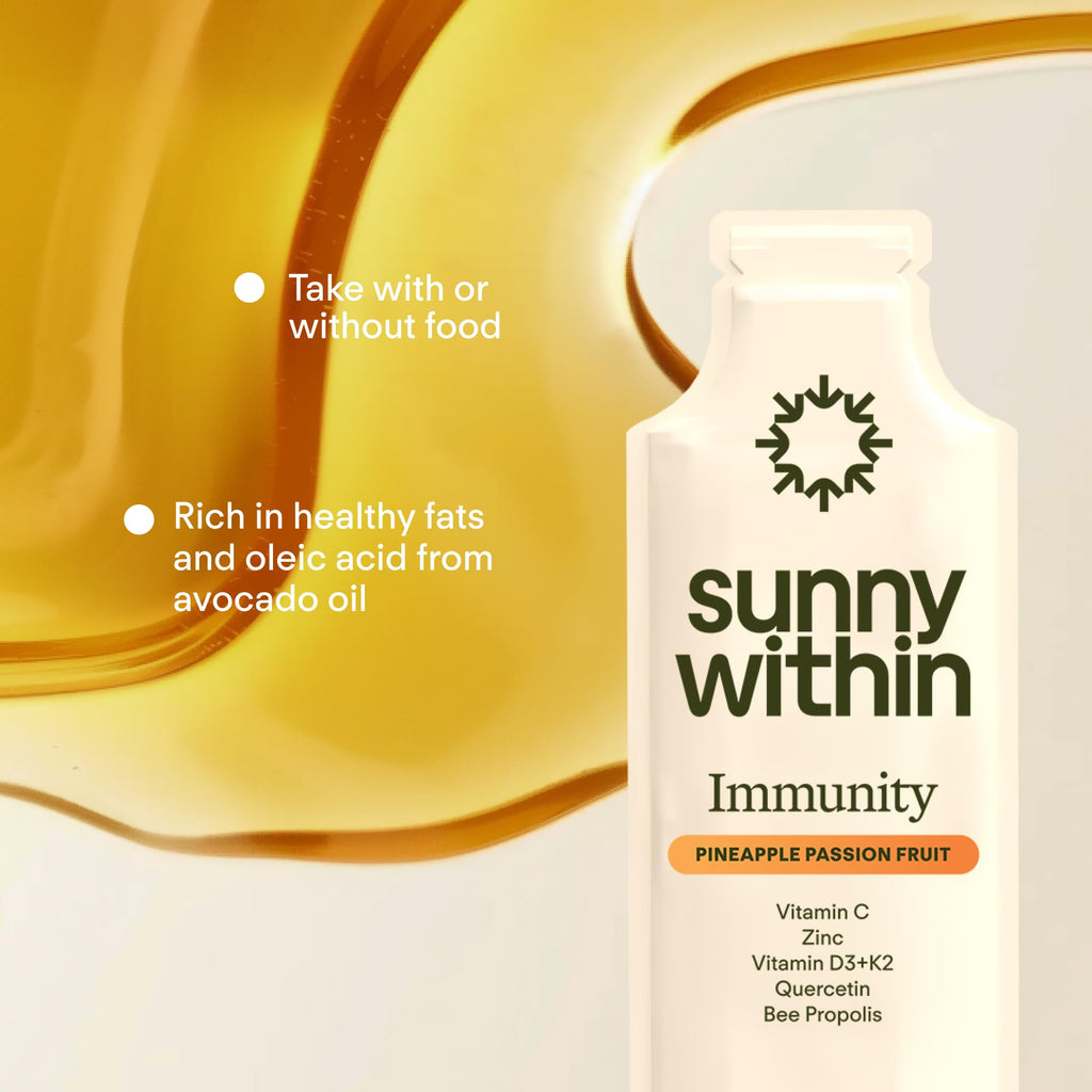 Sunny Within Immunity - 6-in-1 Liposomal Vitamin C Packets, Zinc, D3 + K2, Quercetin, Bee Propolis & Avocado Oil - Antioxidant Liquid Supplement for Immunity, Skin & Bone* - 30 Pouches - TrustMedUSA