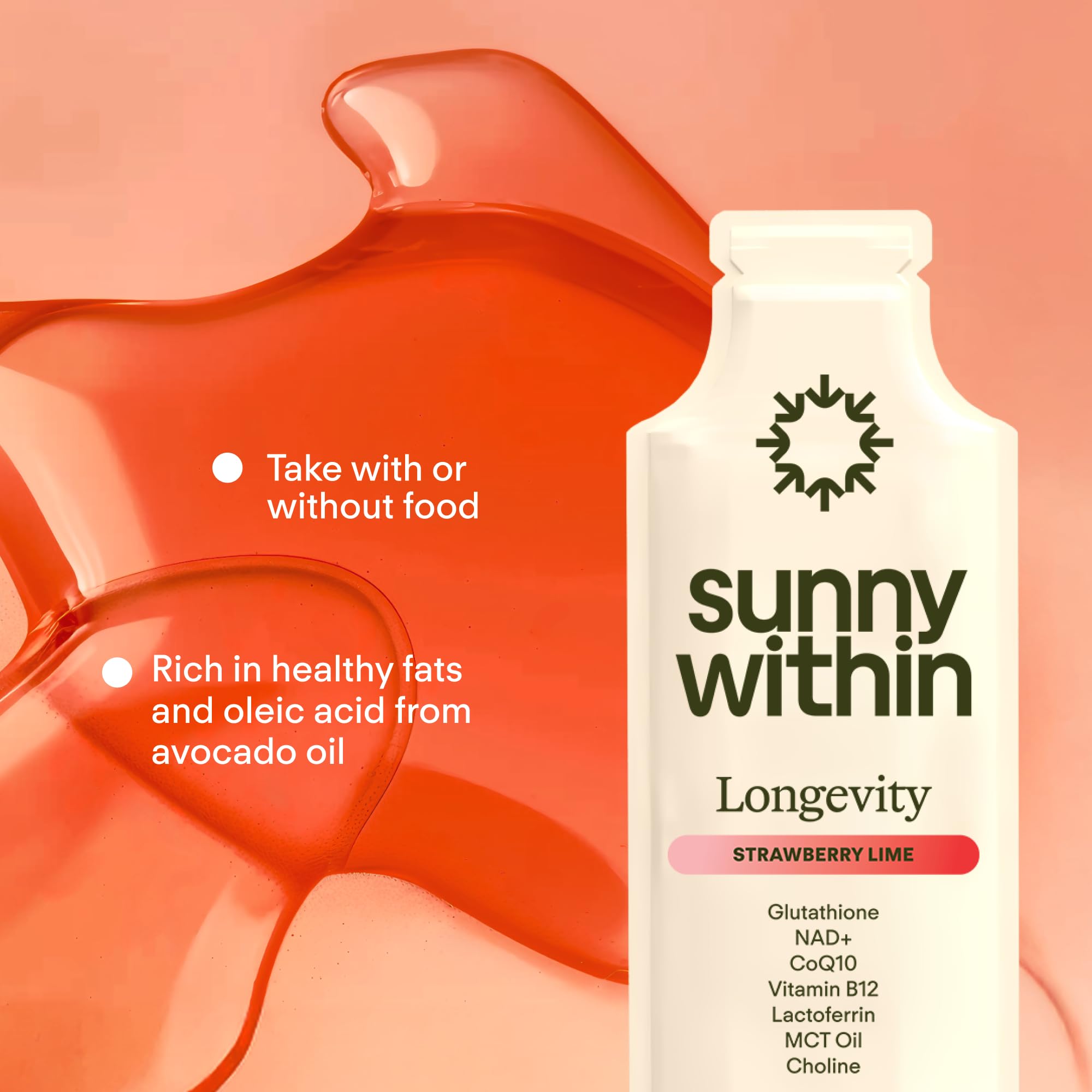 Sunny Within - Liposomal Glutathione Supplement NAD+ Longevity Mix w/Liquid NAD+, CoQ10, B12, MCT & Avocado Oil – Cellular Health, Energy, Brain, Gut & Heart Support* – Strawberry Lime – 30 Pouches - TrustMedUSA