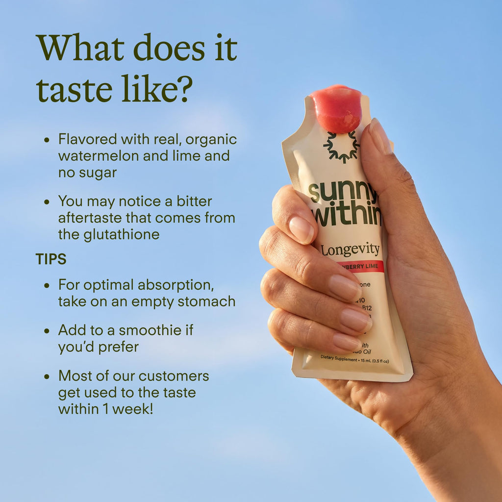 Sunny Within - Liposomal Glutathione Supplement NAD+ Longevity Mix w/Liquid NAD+, CoQ10, B12, MCT & Avocado Oil – Cellular Health, Energy, Brain, Gut & Heart Support* – Strawberry Lime – 30 Pouches - TrustMedUSA