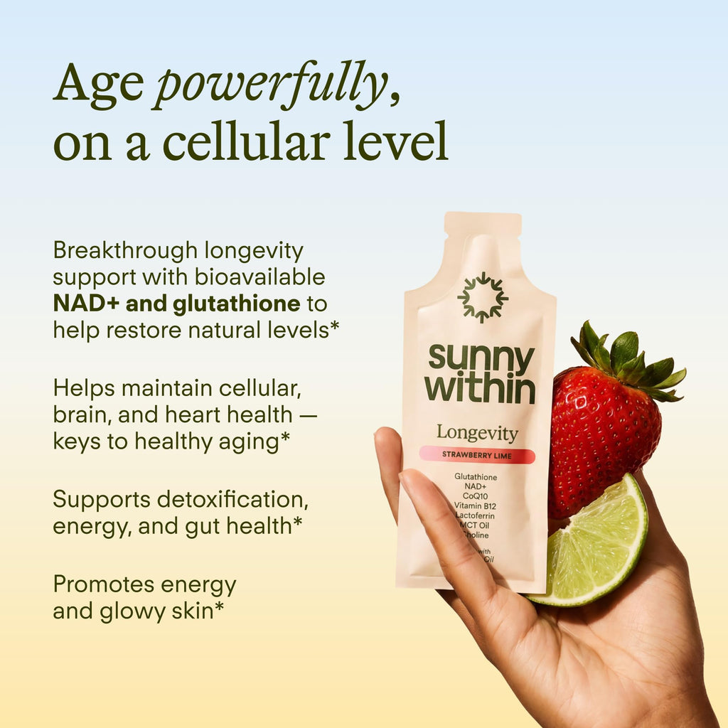 Sunny Within - Liposomal Glutathione Supplement NAD+ Longevity Mix w/Liquid NAD+, CoQ10, B12, MCT & Avocado Oil – Cellular Health, Energy, Brain, Gut & Heart Support* – Strawberry Lime – 30 Pouches - TrustMedUSA