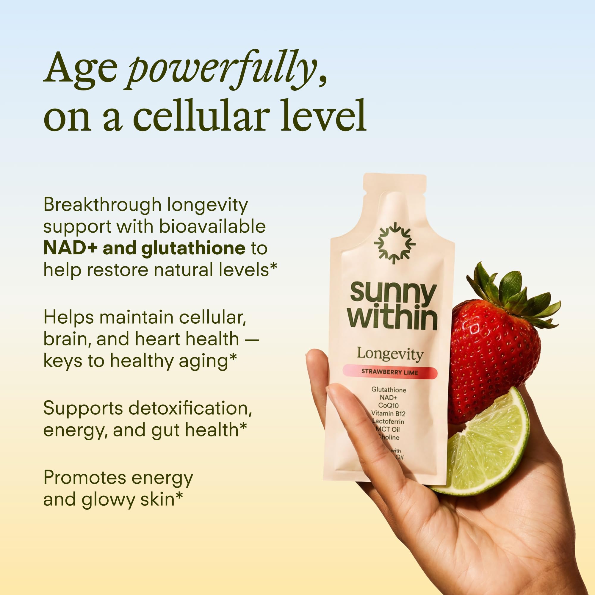 Sunny Within - Liposomal Glutathione Supplement NAD+ Longevity Mix w/Liquid NAD+, CoQ10, B12, MCT & Avocado Oil – Cellular Health, Energy, Brain, Gut & Heart Support* – Strawberry Lime – 30 Pouches - TrustMedUSA