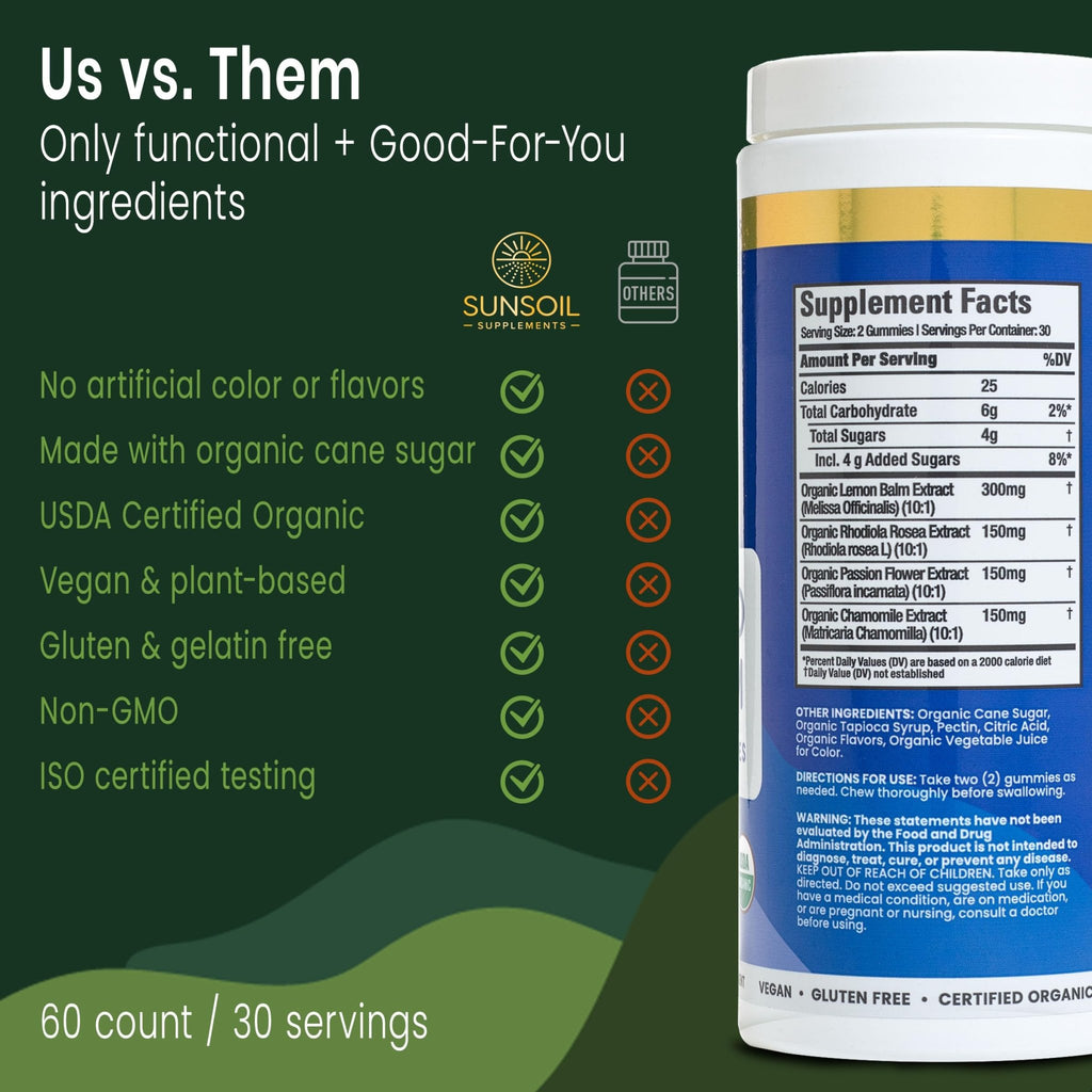Sunsoil A World of Calm Organic Gummies, USDA Certified Organic, No Glucose, Vegan, Gluten-Free, Plant-Based - TrustMedUSA