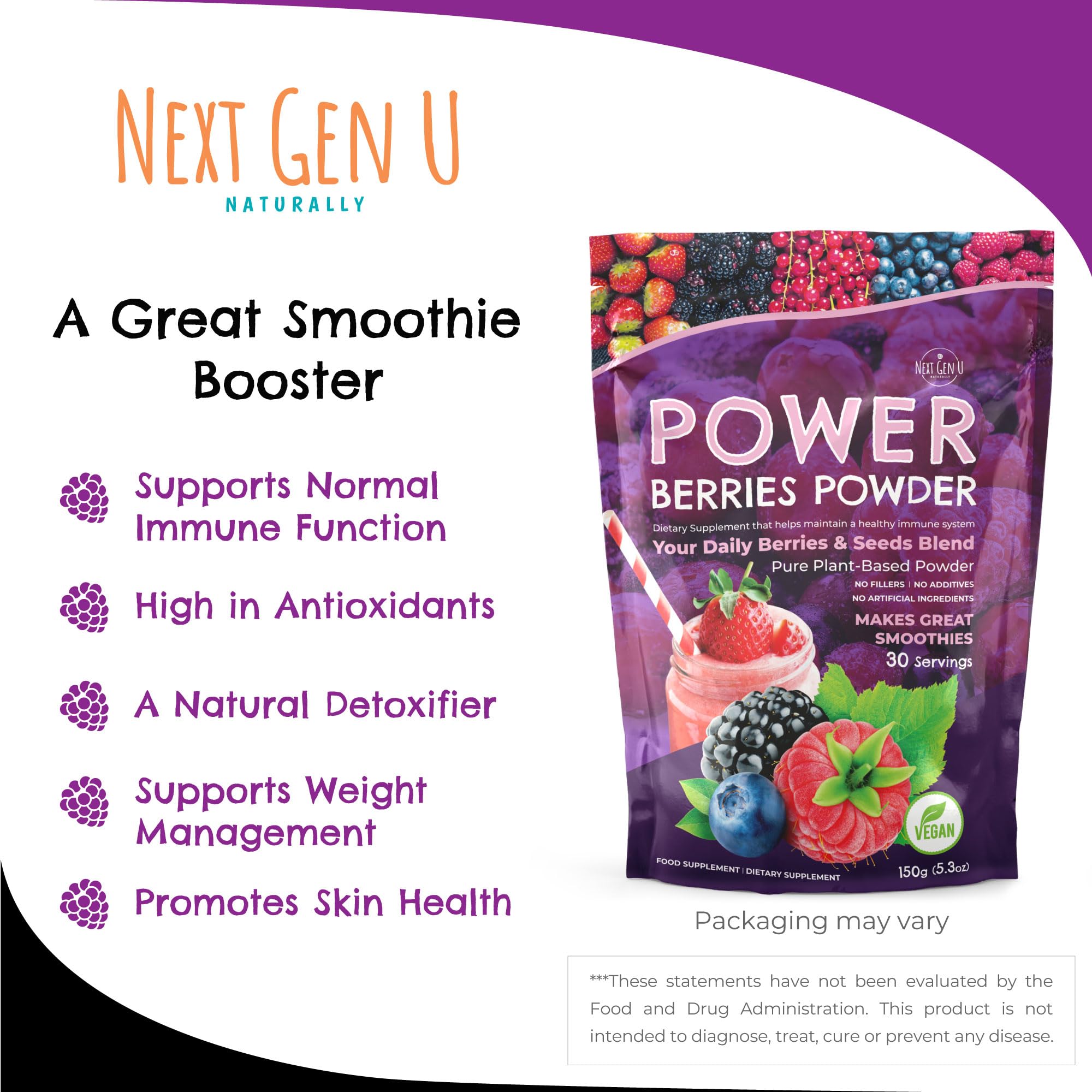 Super Berry Powder - 150g - Immune Support - Food Supplement - Superfood Berries - Smoothie Mix for Shakes - Healthy Boost for Detox Juice Beverages or Any Drink - by NextGenU - TrustMedUSA
